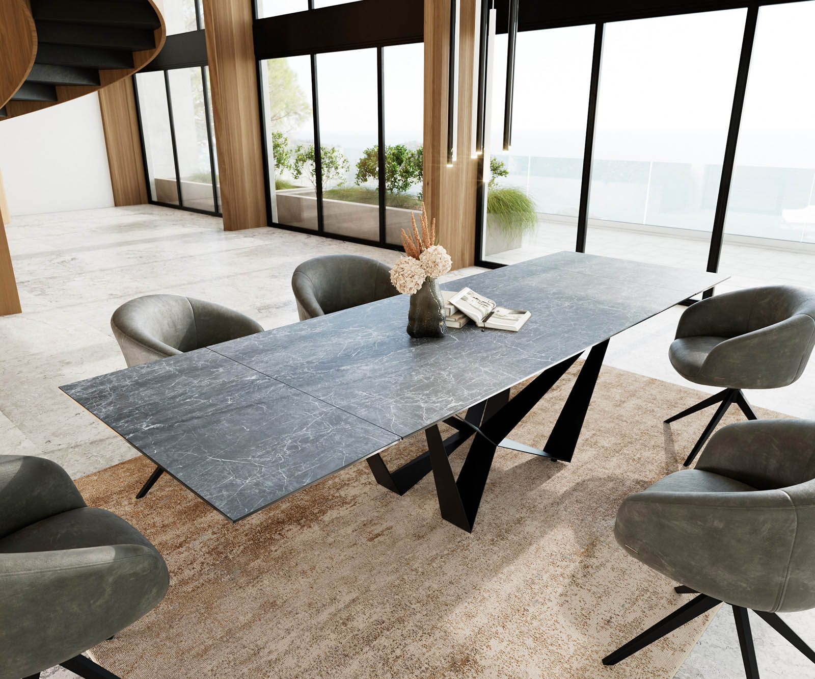Eetkamertafel Edge 200-300x100 keramiek Laminam®Nero Greco grijs spider vlak staal zwart uitschuifbaar 1