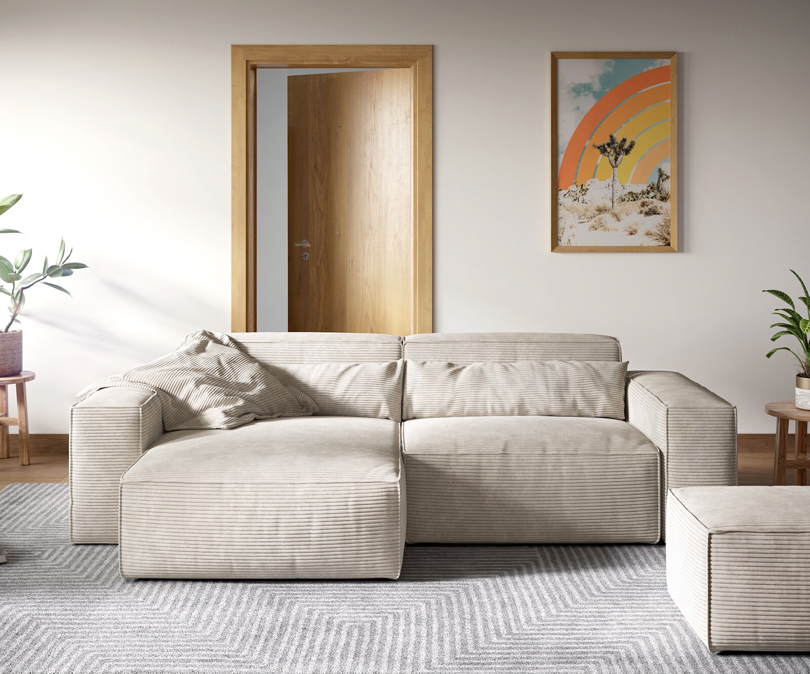 Hoekbank Sirpio XL 270x170 cm koord beige recamiere variabel met kruk 1