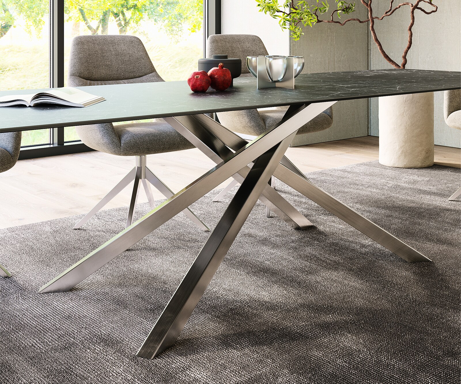Eettafel Edge 300x100cm Laminam® keramiek grijs middenpoot kruis zilver 7
