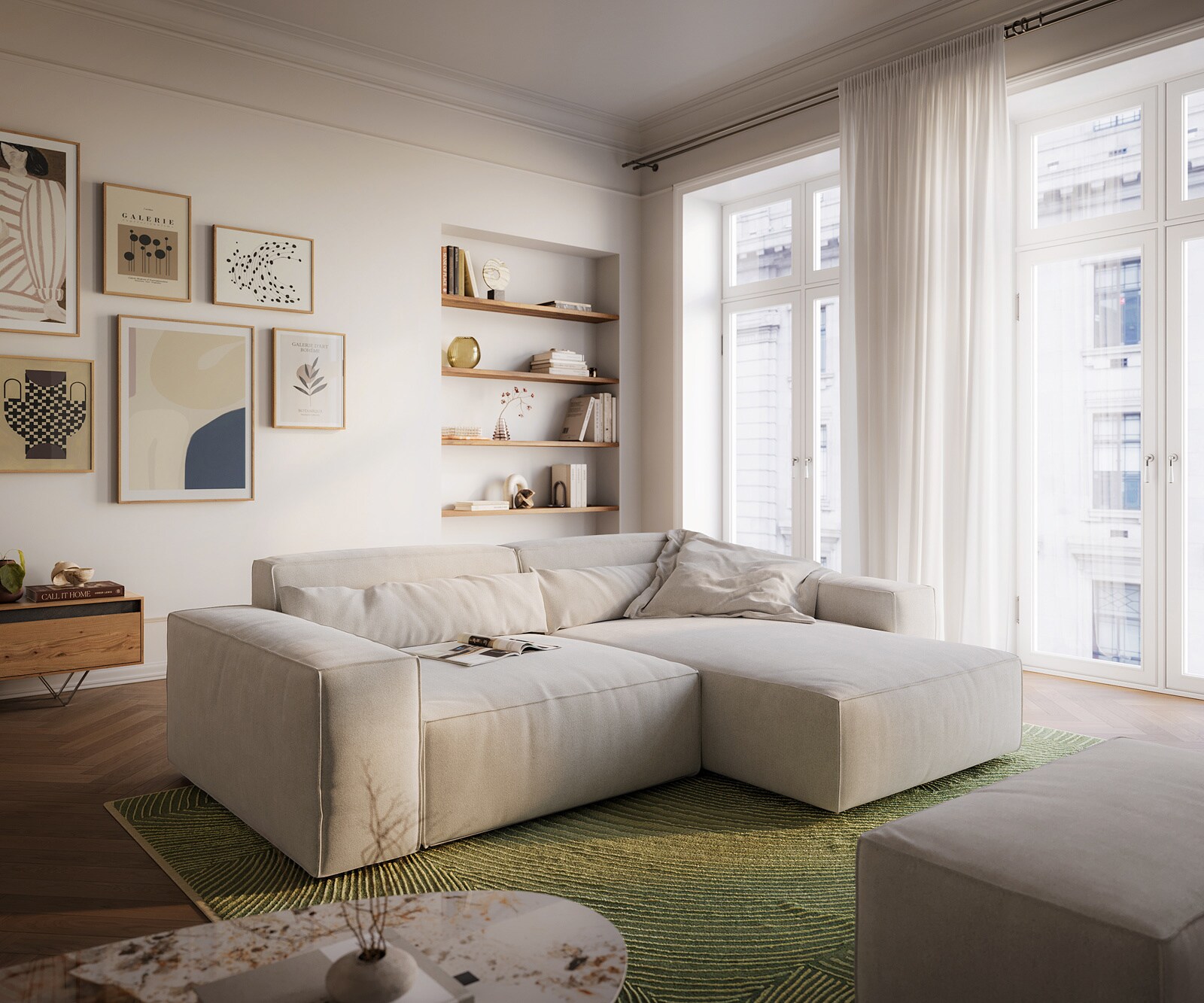 Hoekbank Sirpio XL 270x170 cm Zachte structuurstof Beige Chaise longue variabel met hocker