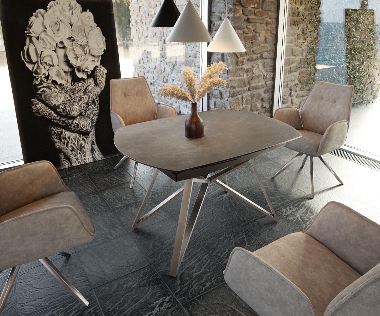 Eettafel Carlow 130/200x95 cm keramisch bruin roestvrij staal uitschuifbaar 1 Eettafel Carlow 130/200x95 cm keramisch bruin roestvrij staal uitschuifbaar 1