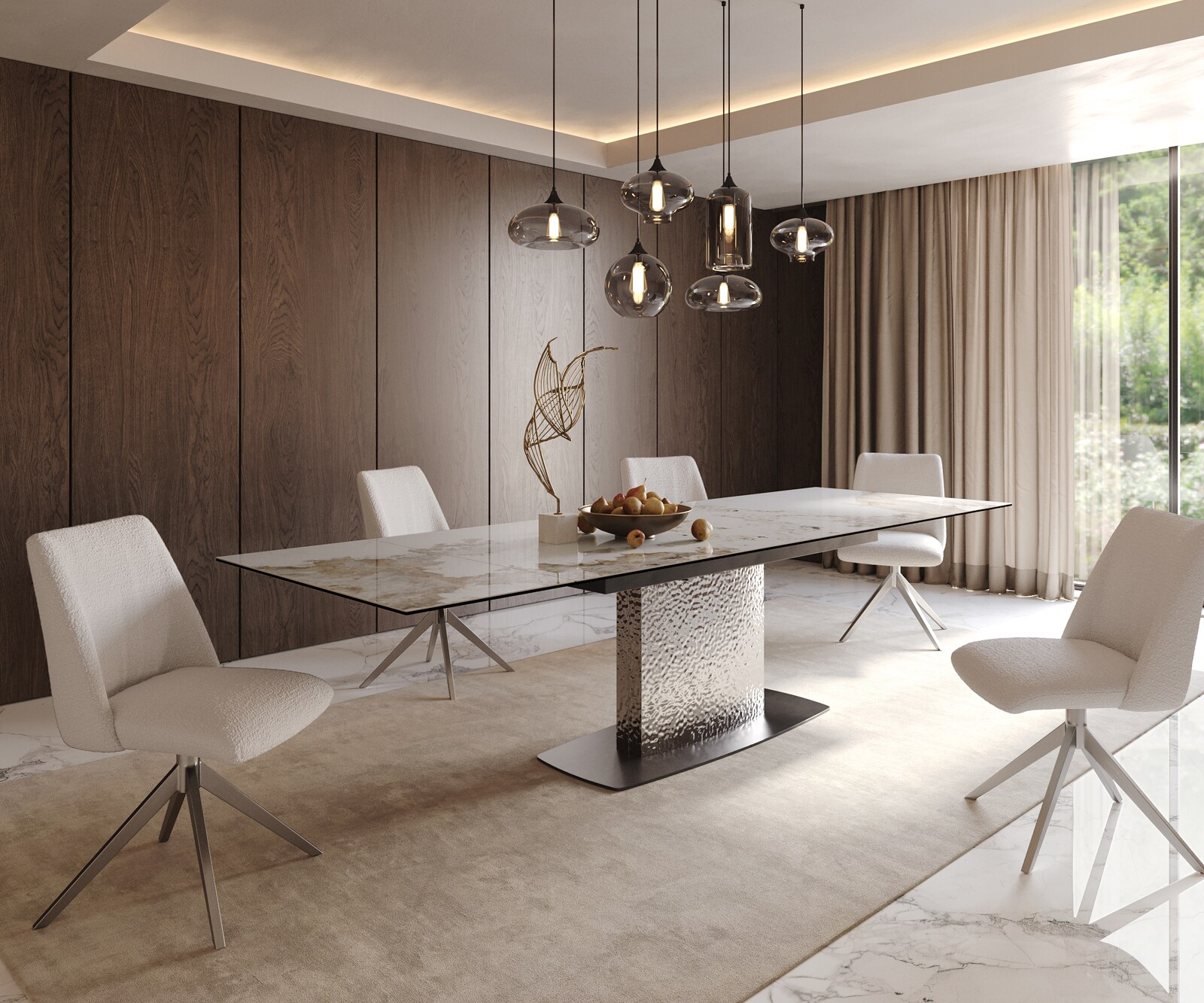 Eetkamertafel Edge 200-300x100 keramiek Minas Melange wit-beige Wave RVS uitschuifbaar 8