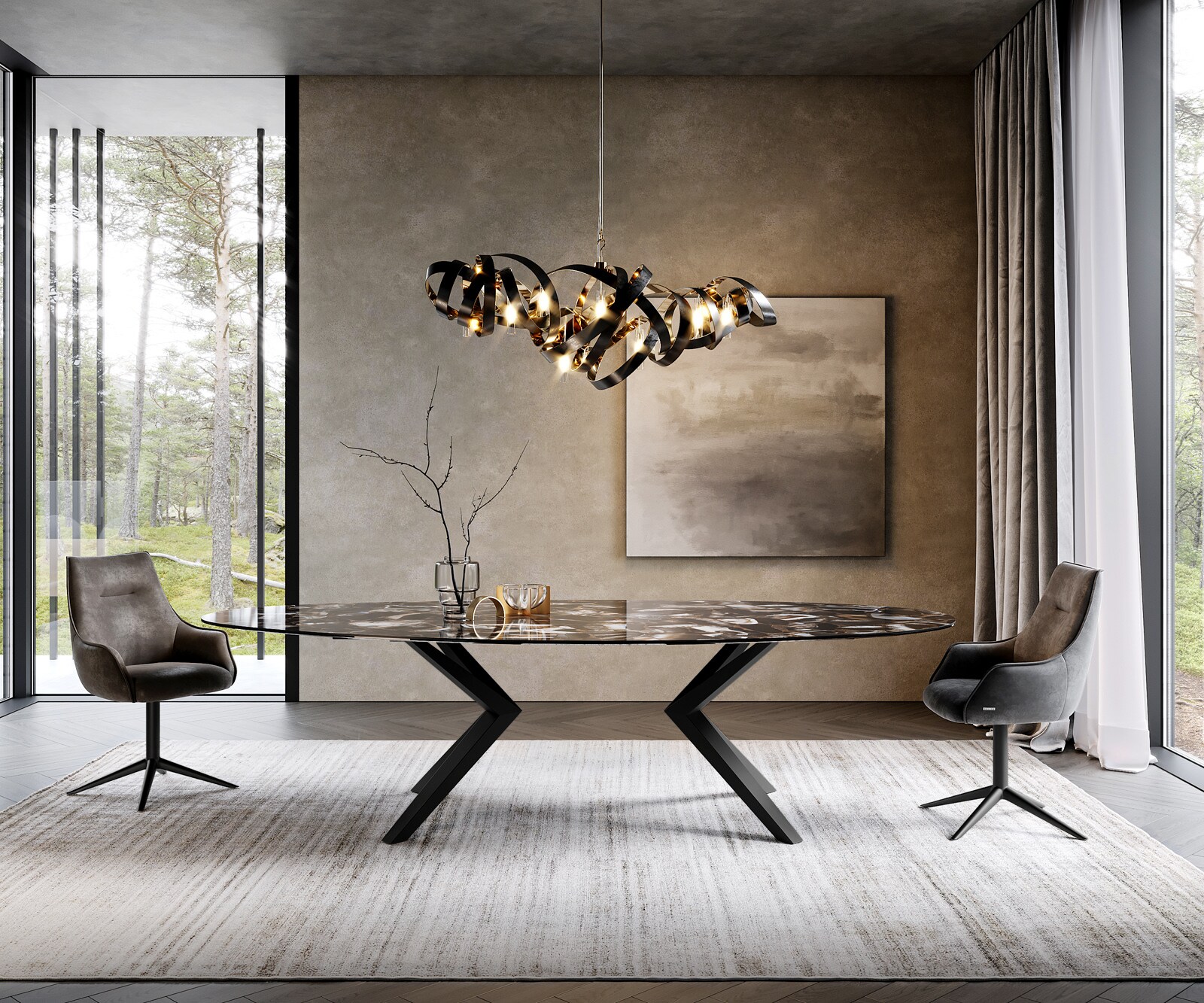 Eetkamertafel Edge ovaal 280x130 keramiek Iris FMG Agatablack Zenthara hoekig metaal zwart