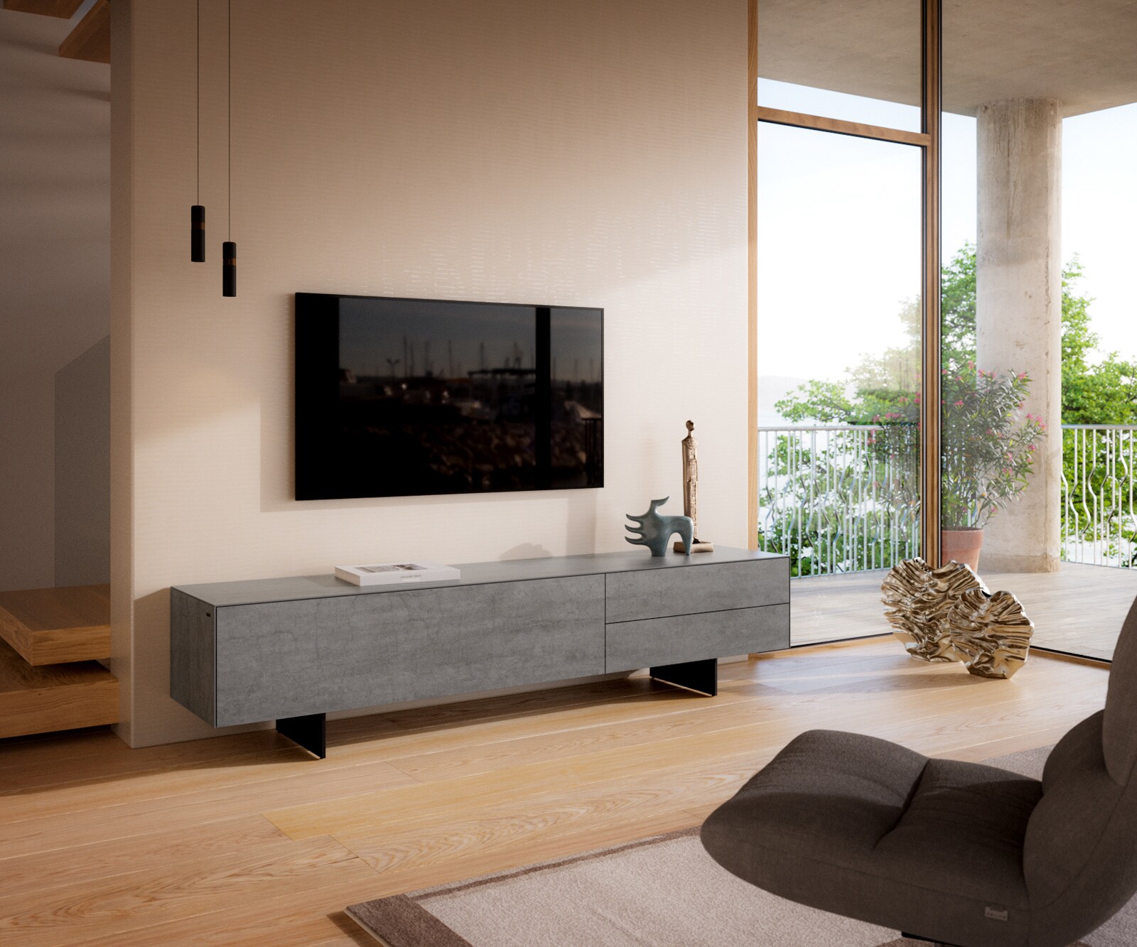 Tv-meubel Cuor 220 cm Keramiek Beton Grijs 1 Flap 2 Laden Zwevende voet look Metaal Zwart