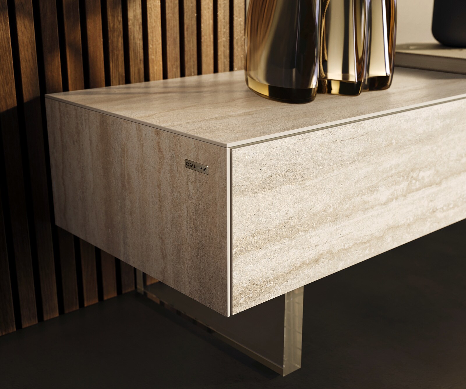 Tv-meubel Cuor 200 cm Keramiek Laminam® Travertino Bianco Crème-wit 1 Flap 1 Lade Zwevende voet look Acrylglas 5