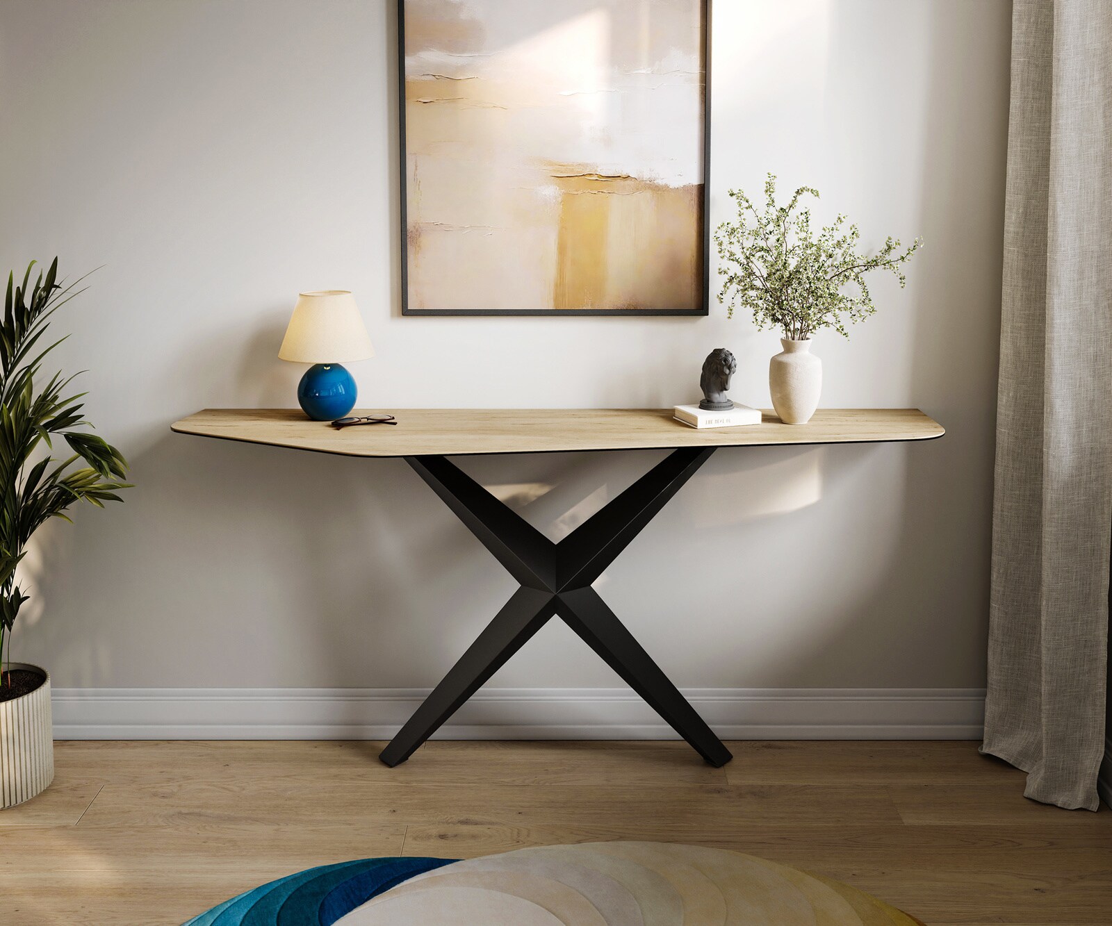 Consoletafel Edge Polygonaal 180x50 cm Keramiek Laminam® Sabbia Eichefarbig Zentharo Metaal Zwart 1