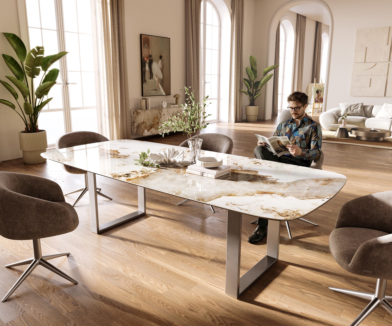 Eettafel Edge Boot 260x120 cm Keramiek Minas Melange Wit-Beige Roestvrij staal Schmal