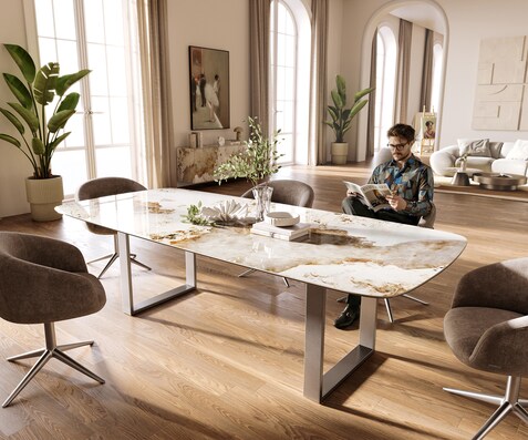 Eettafel Edge Boot 260x120 cm Keramiek Minas Melange Wit-Beige Roestvrij staal Schmal