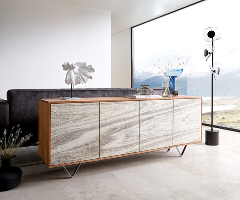Dressoir Kleo 175 cm natuur acacia 4 deuren V-poot roestvrij staal