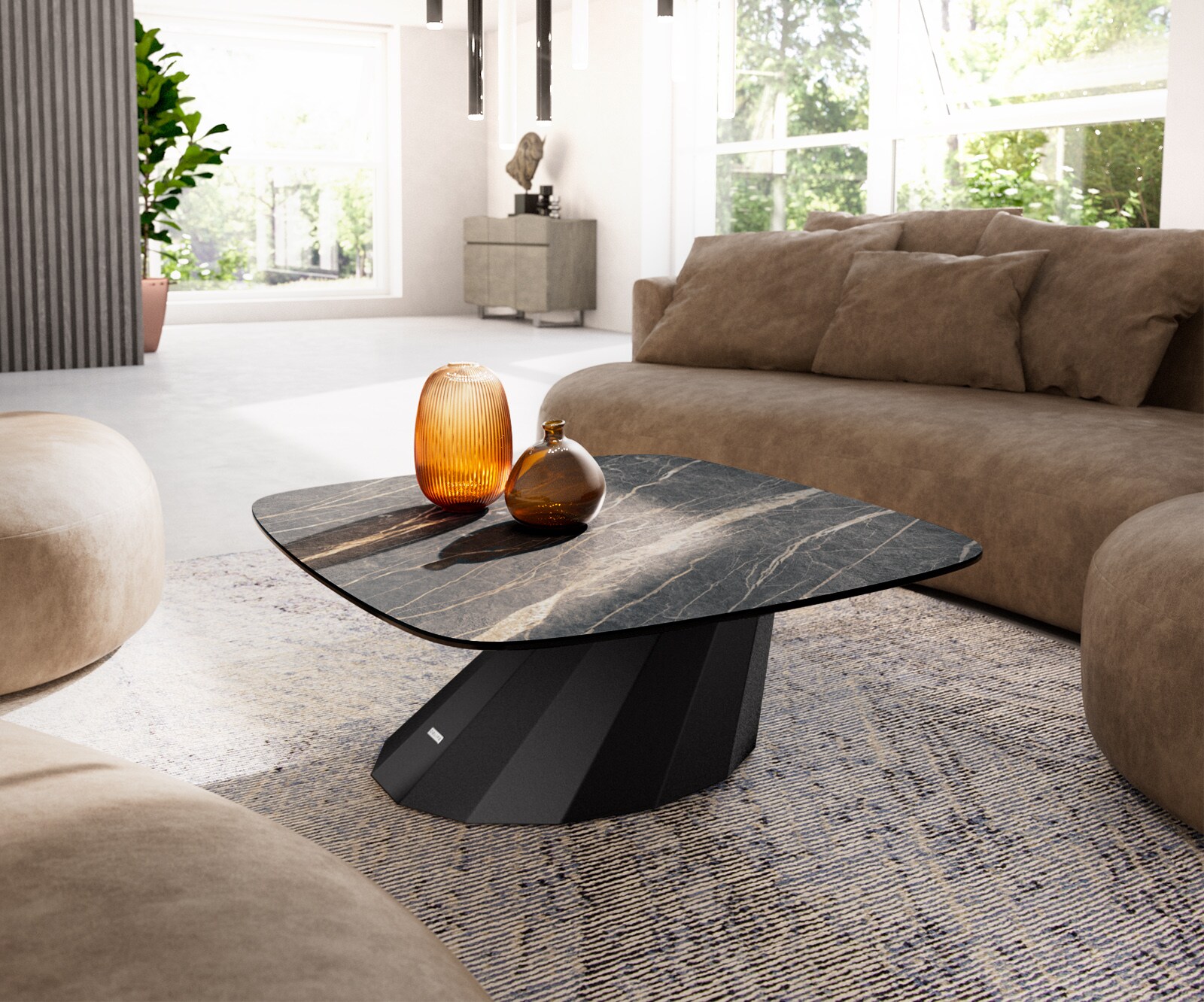 Salontafel Edge Boot 90x90 cm keramiek Laminam® Noir Desir bruin Parabi zwart metaal
