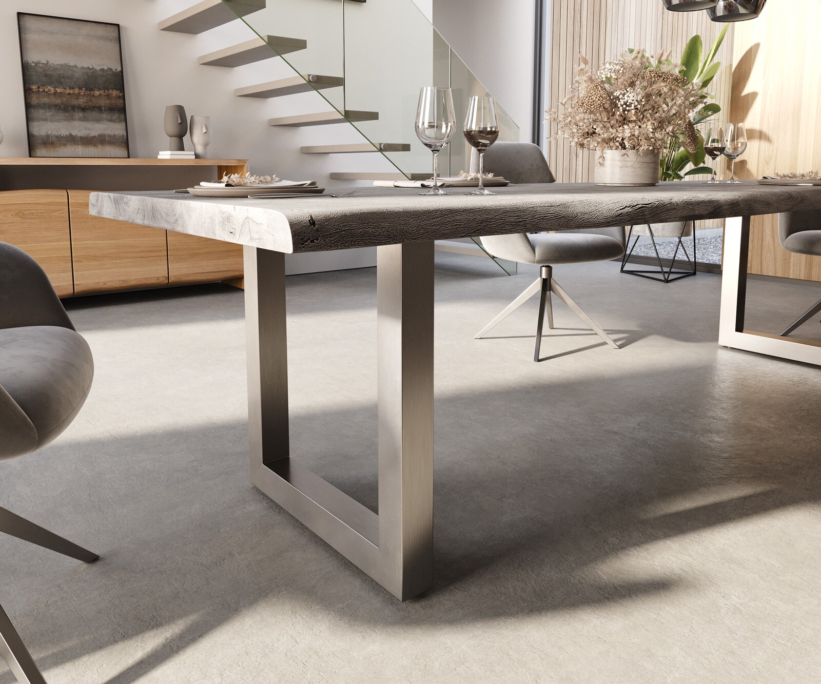 Eettafel Edge 300x100 XL acacia platina roestvrijstaal breed Live-Edge 5