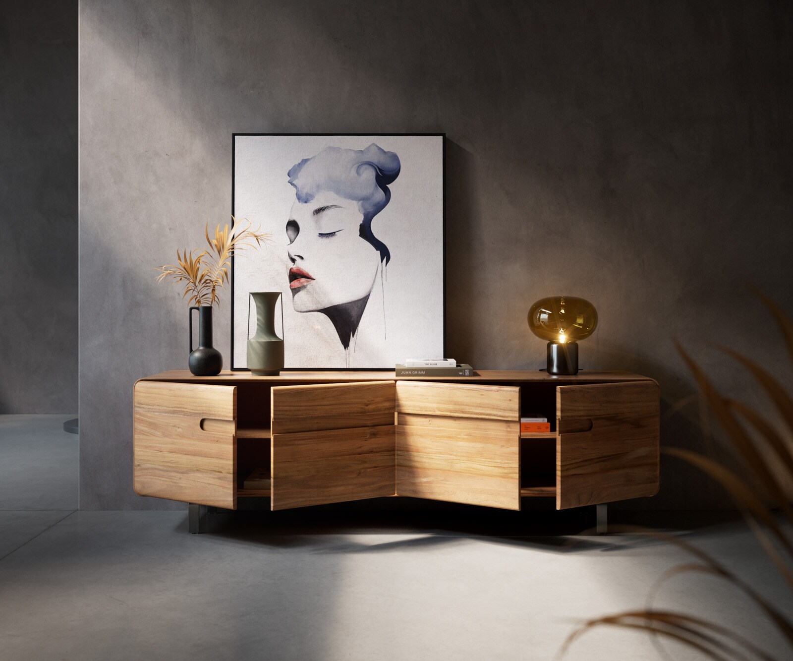 Tv-meubel Anaya 200 cm natuur acacia 4 deuren L-vormig onderstel roestvrij staal 3 Tv-meubel Anaya 200 cm natuur acacia 4 deuren L-vormig onderstel roestvrij staal 3