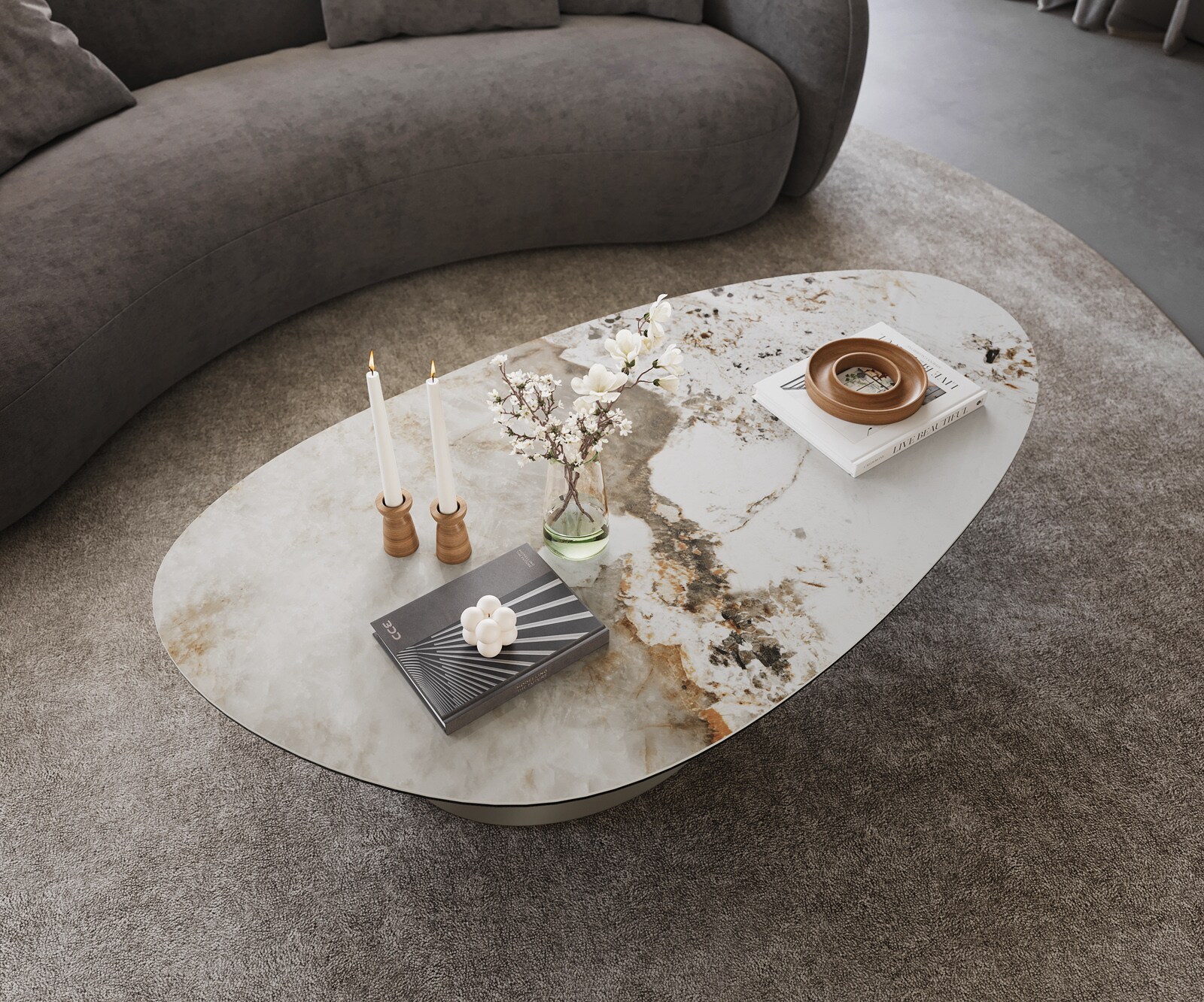 Salontafel Edge Oval 140x75 cm keramiek Minas Melange Conis Metall effectafwerking titaan 4