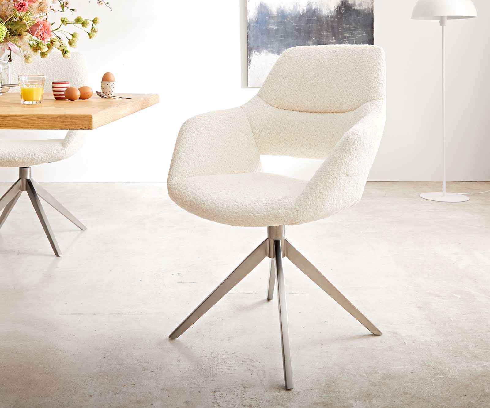 Draaistoel Yago-Flex XL met armleuning bouclé wit kruisframe breed roestvrij staal 360° draaibaar
