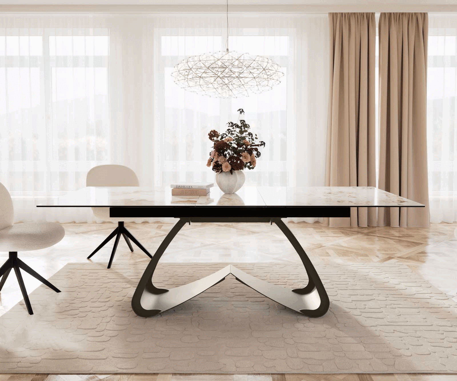 Eettafel Edge 180-220x100 keramiek Minas Melange wit-beige W-frame effect afwerking titanium Uitschuifbaar 1 Eettafel Edge 180-220x100 keramiek Minas Melange wit-beige W-frame effect afwerking titanium Uitschuifbaar 1
