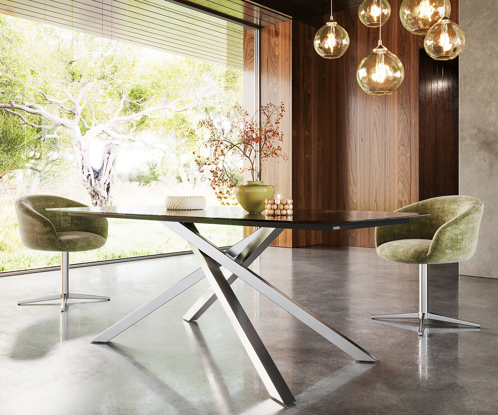 Eetkamertafel Edge Boot 200x100 Glas smelten rokerig zwart 3D-Relief kruisframe rechthoek RVS 4