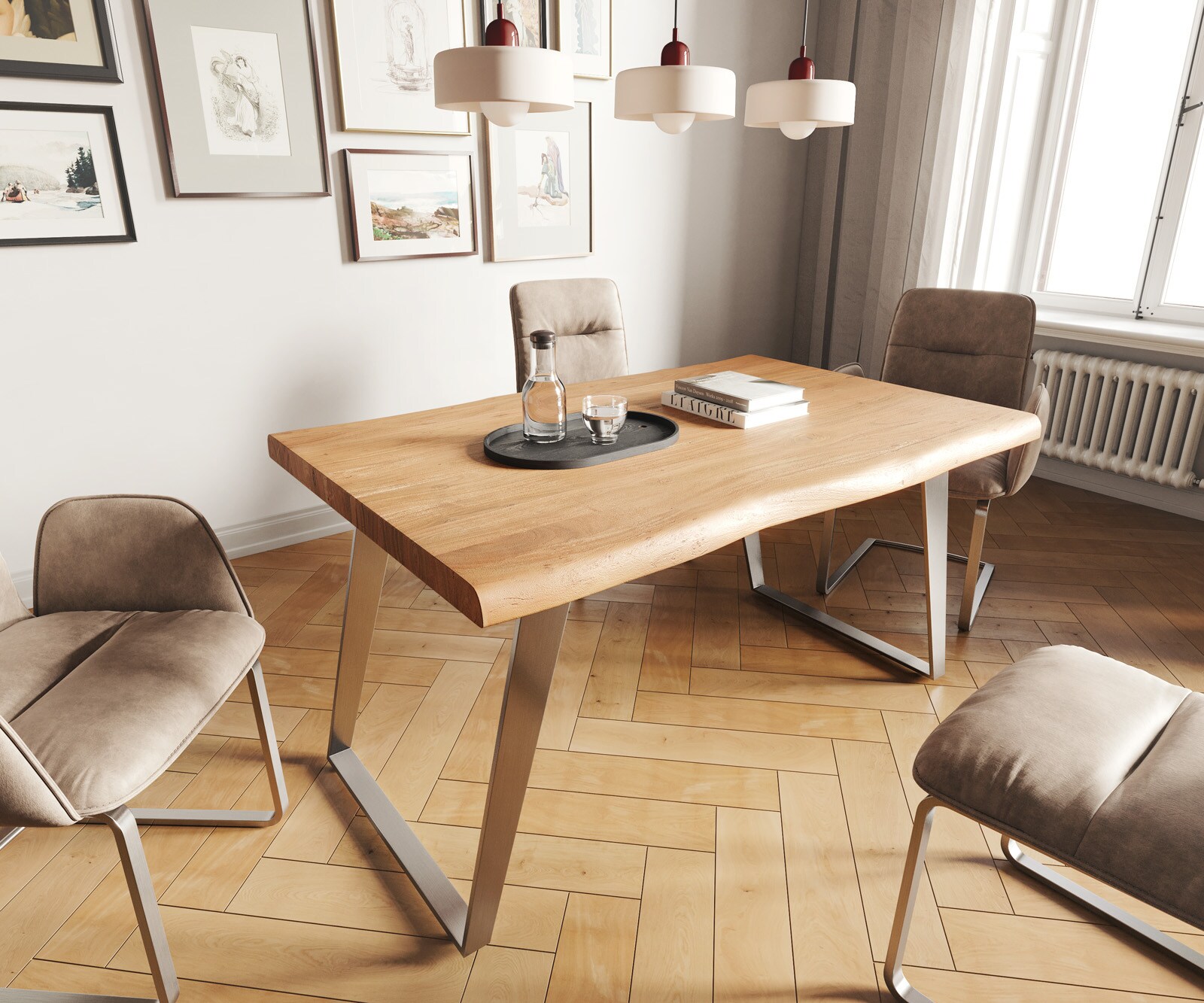 Eettafel Edge 140x90 XL acacia natuur roestvrijstaal schuin Live-Edge