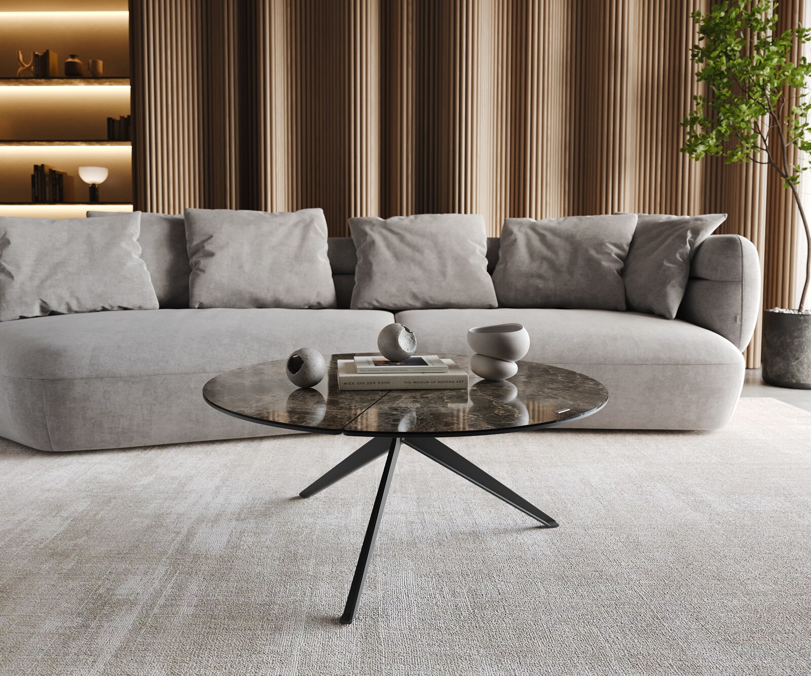 Salontafel Delron 90x90 cm keramiek Emperador Extra Lucidato donkerbruin kruispoot plat metaal zwart 1