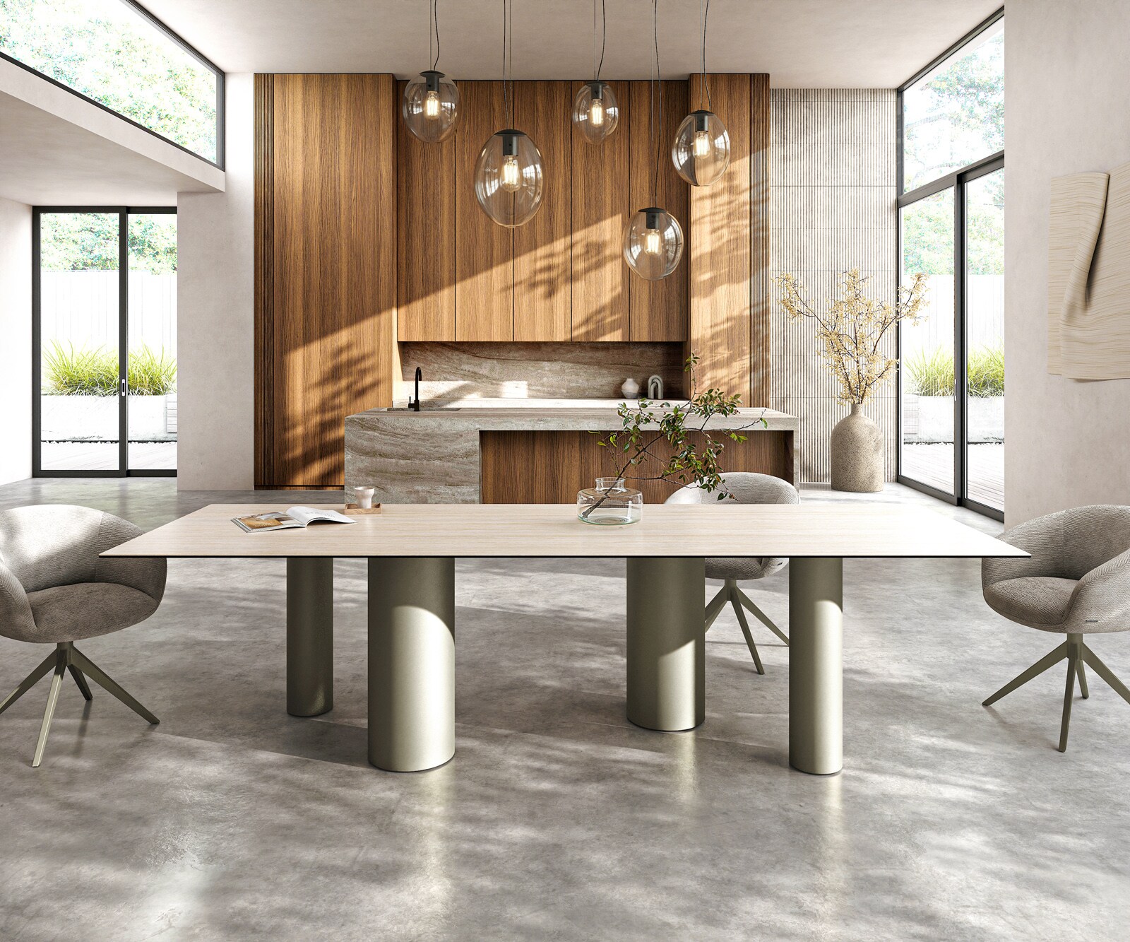 Eettafel Edge 300x100 keramiek  Laminam® Travertino Bianco Creme-wit Pilier metaal effectafwerking Titan 1