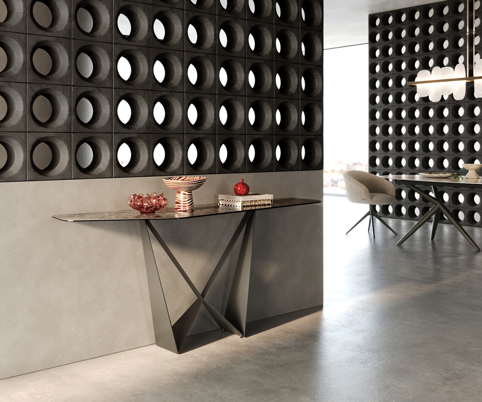Consoletafel Edge Polygonaal 180x50 cm Keramiek Emperador Extra Lucidato Dunkelbraun Spios Metaal Effektfinish Titan 7