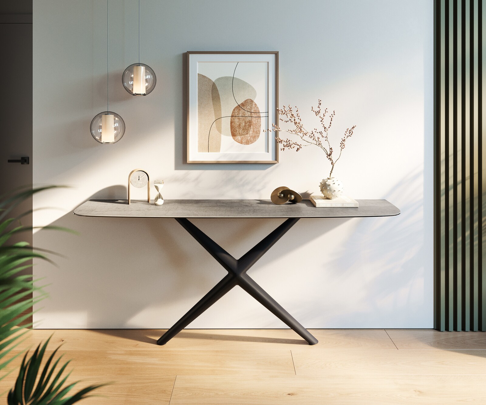 Consoletafel Edge Bootvorm 180x40 cm Keramiek Betongrijs Estelo Metaal Zwart 2