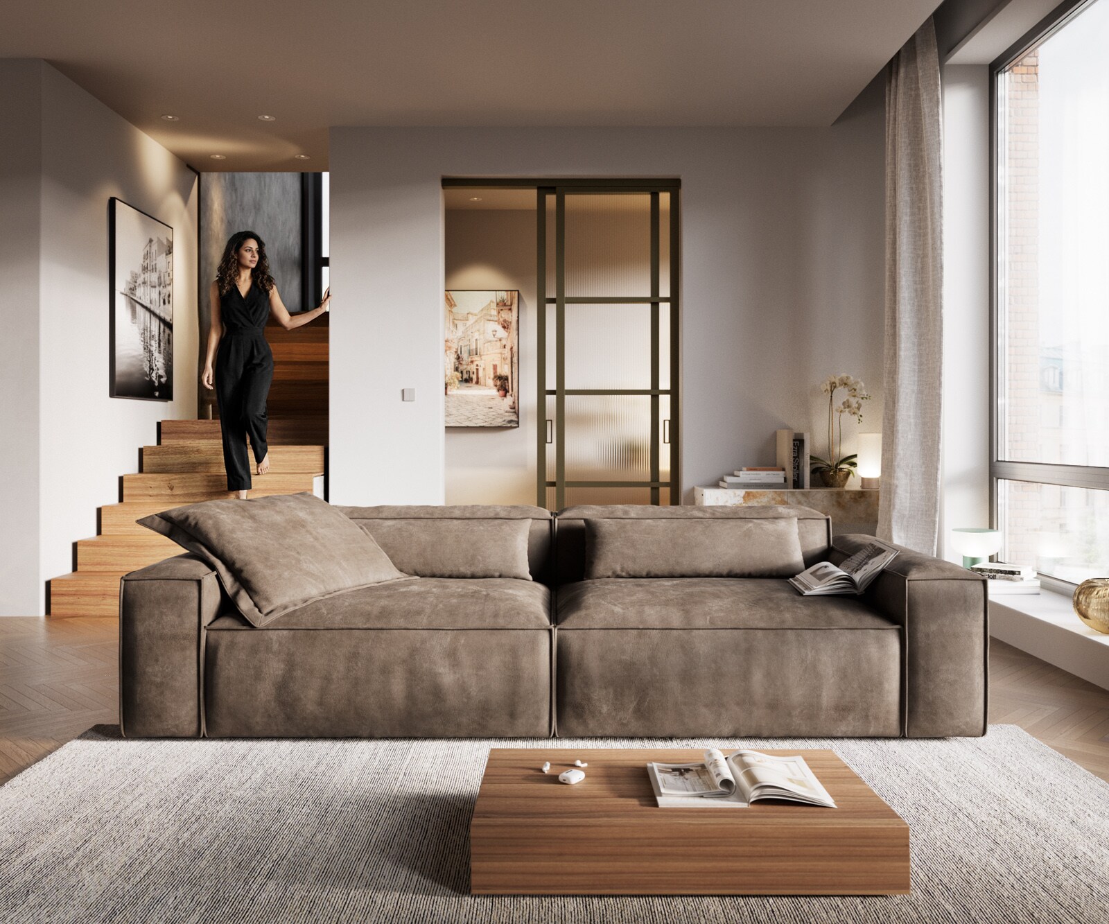 Bigsofa Freestyle 280x110 cm Microvezelmateriaal Taupe Vintage kedernaad