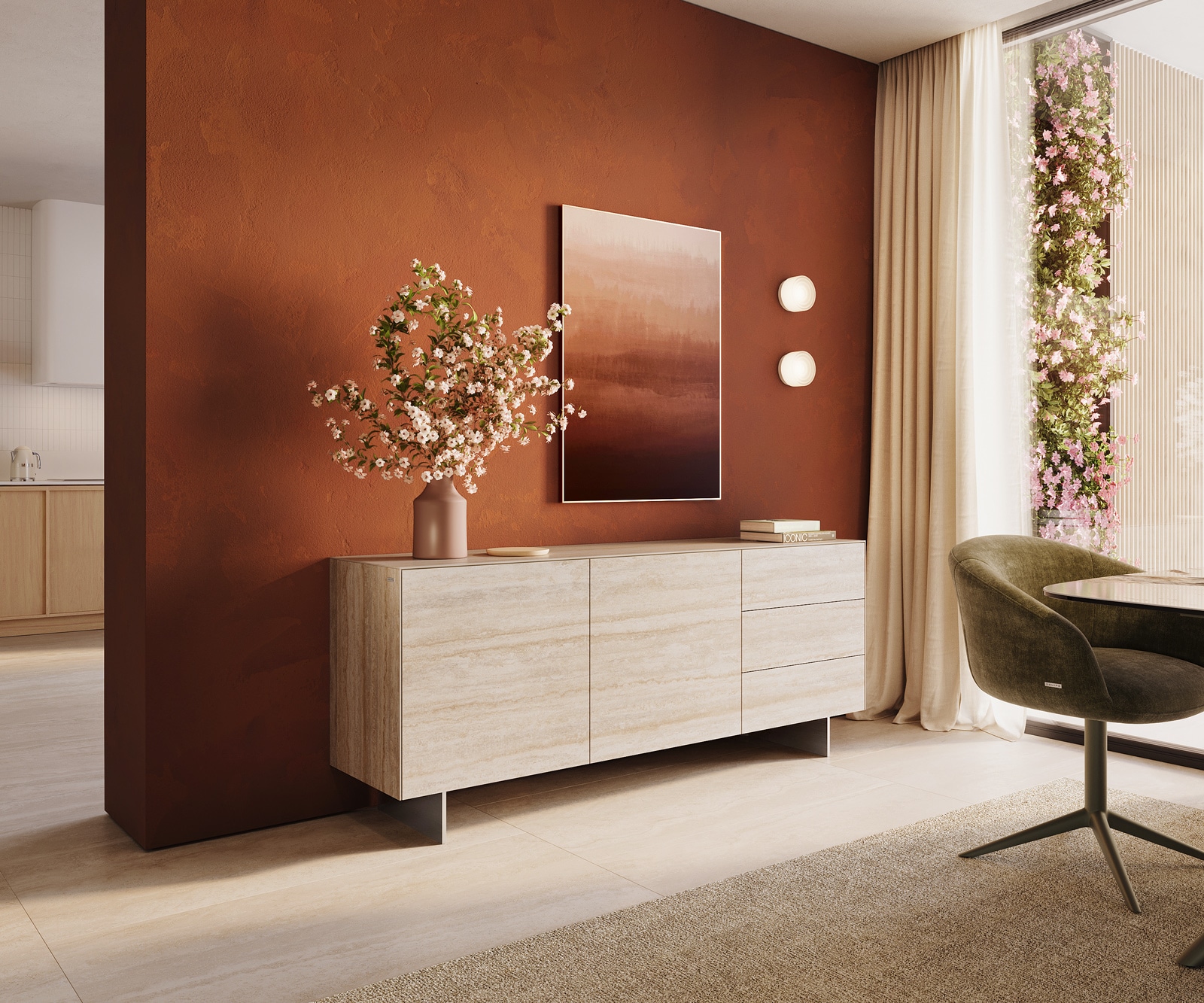 Dressoir Cuor 180 cm Keramiek Laminam® Travertino Bianco Crème-wit 2 Deuren 3 Laden Zwevende voet look Roestvrij staal 1