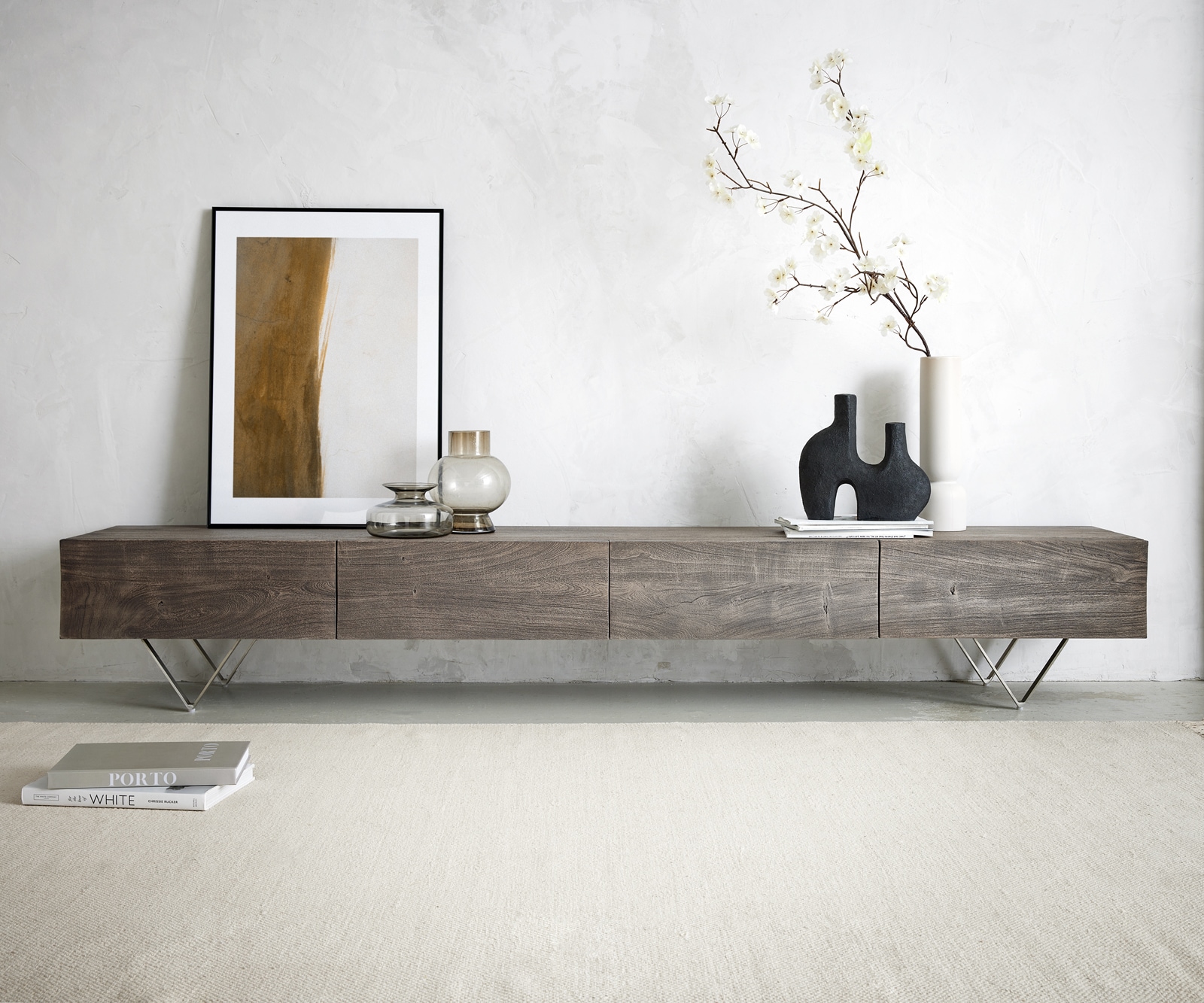 Tv-meubel Wyatt 220 cm acacia platina 4 laden V-poot roestvrij staal 1 Tv-meubel Wyatt 220 cm acacia platina 4 laden V-poot roestvrij staal 1