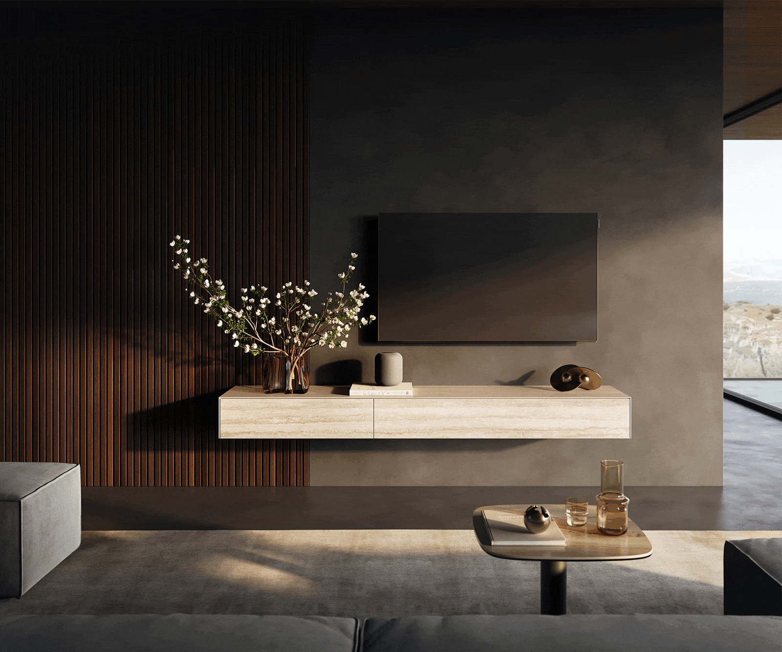 Tv-meubel Cuor 200 cm Keramiek Laminam® Travertino Bianco Crème-wit 1 Flap 1 Lade Zwevende voet look Roestvrij staal 1