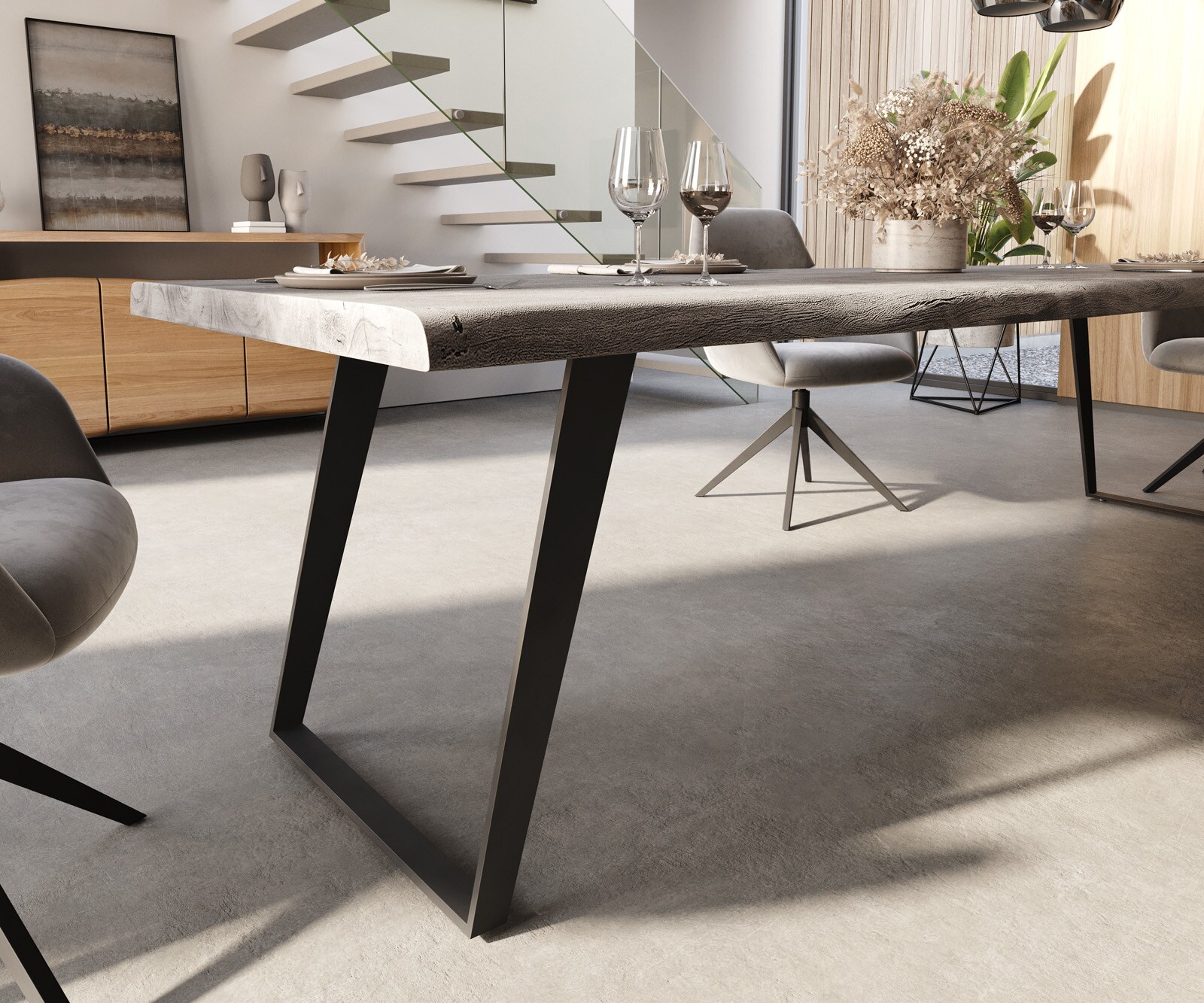 Eettafel Edge 300x100 XL acacia platina metaal schuin Live-Edge 5