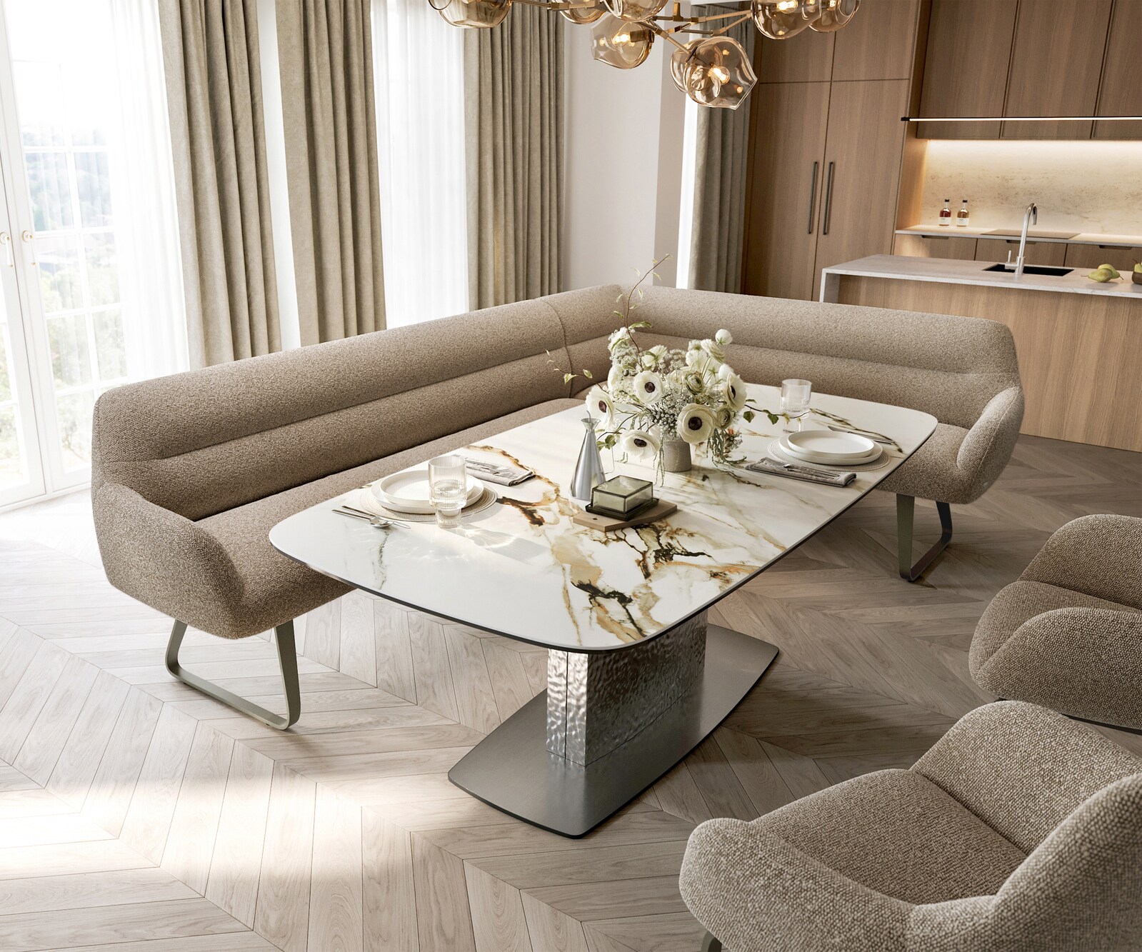 Eetkamerbank Taya-Flex 285x190 cm bouclé mud platte sledebasis afwerking met titaniumeffect pocketvering links 1