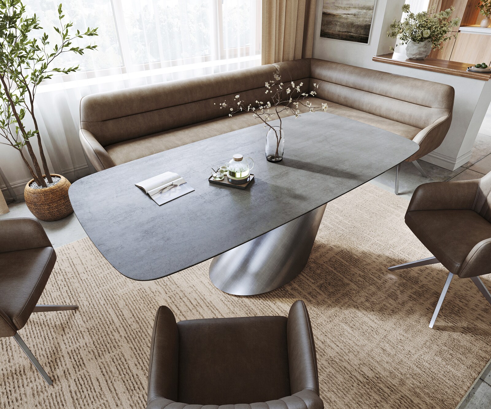 Eettafel Edge boot 200x100 cm keramiek beton grijs Cono metallic zilver 3