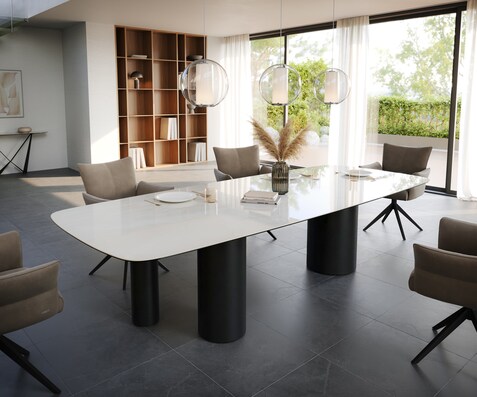 Eettafel Edge Boot 300x120 cm Keramiek Onyx Champagne Troa Metaal Zwart