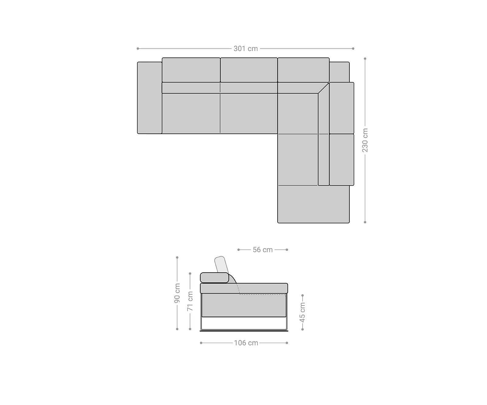 Hoekbank Floyd 300x230 zilvergrijs ottoman rechts  hoofdeinde verstelbaar by W. Schillig 6