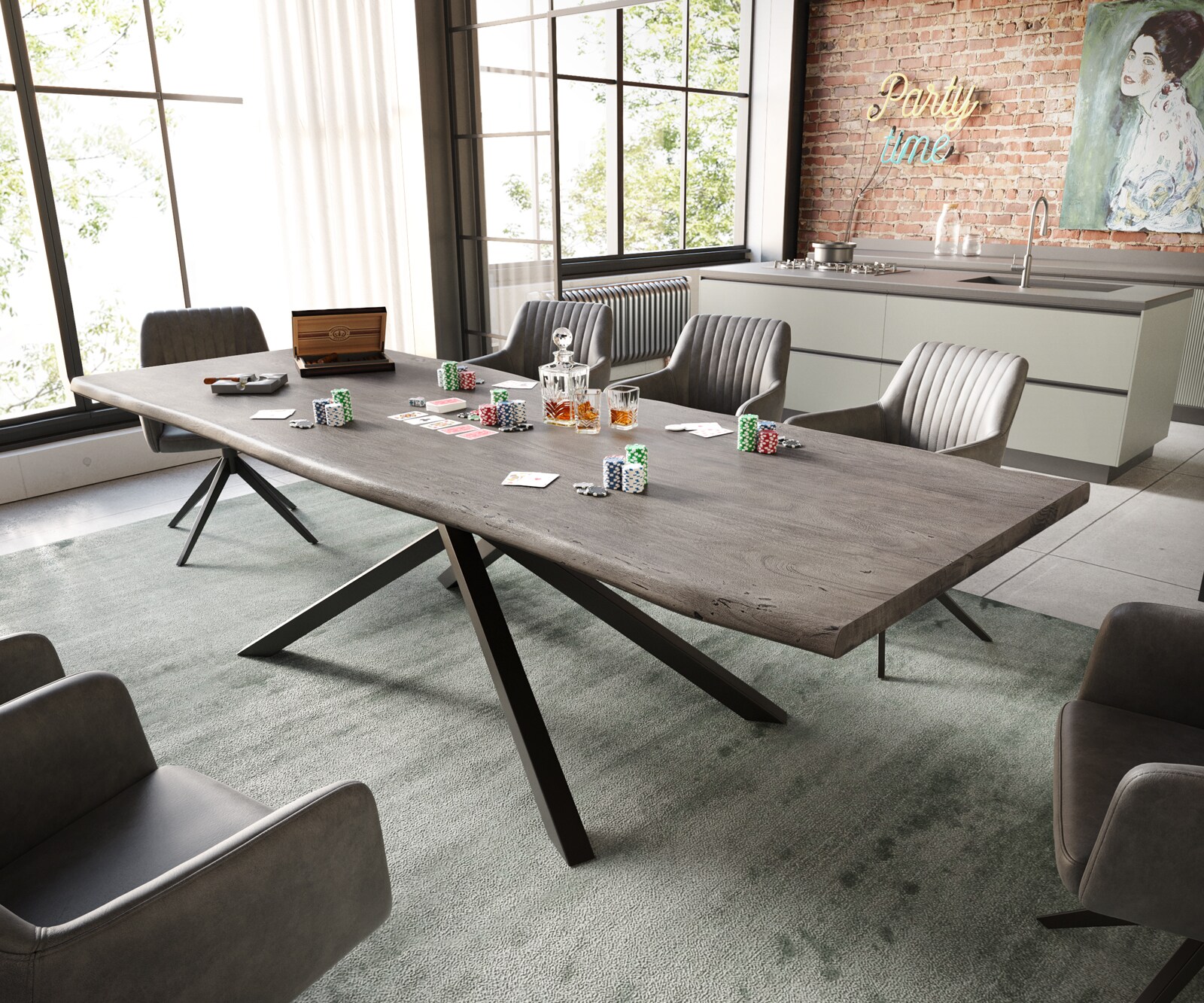 Eettafel Edge 260x100 acacia platina  kruisframe rechthoek zwart  Live-Edge