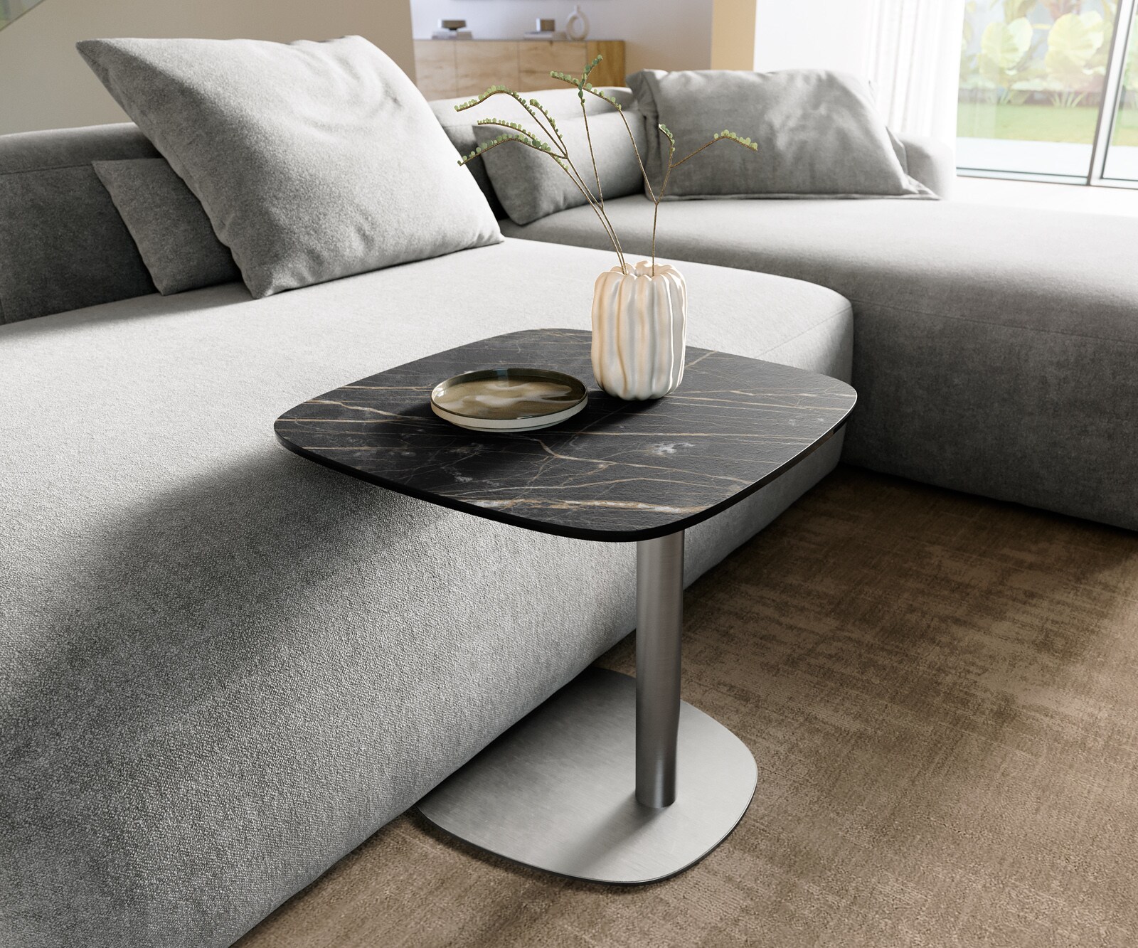 Bijzettafel Edge Boot 50x50 cm keramiek Laminam® Noir Desir bruin Eleny geborsteld roestvrij staal