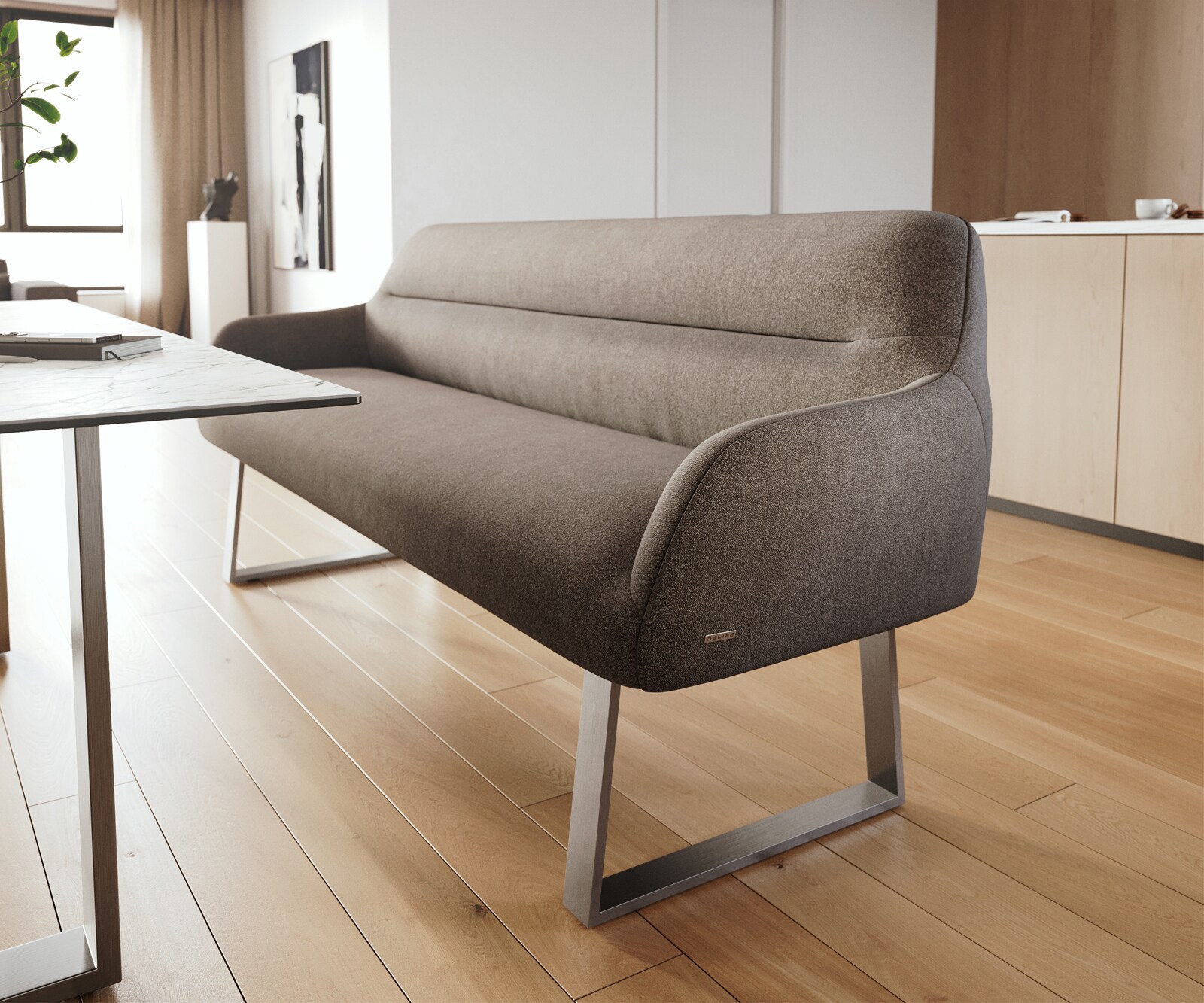 Eetkamerbank Taya-Flex 200 cm zachte stof met structuur taupe gekant sledeframe roestvrij staal pocketvering 5