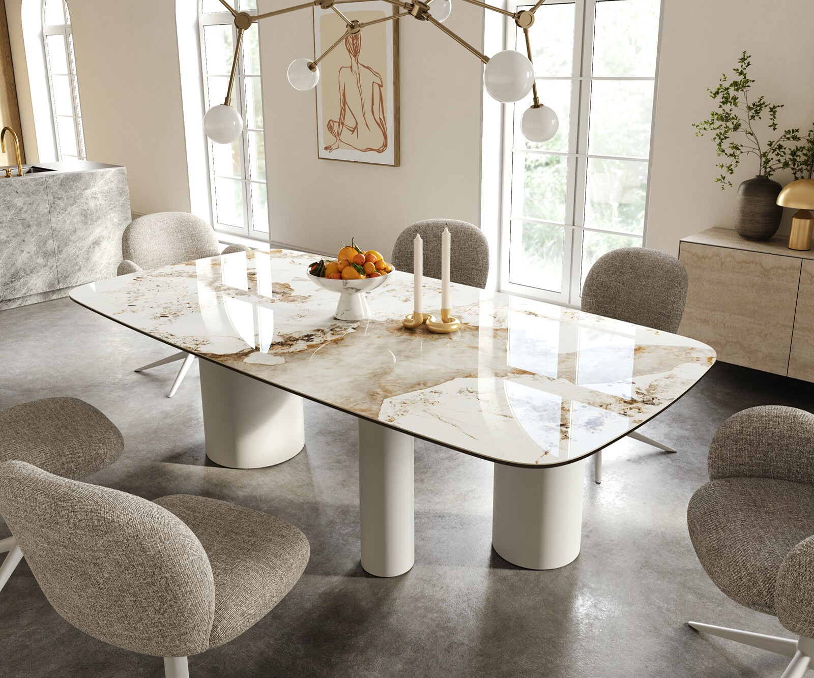 Eettafel Edge Boot 240x120 cm Keramiek Minas Melange Wit-Beige Troa Metaal Wit