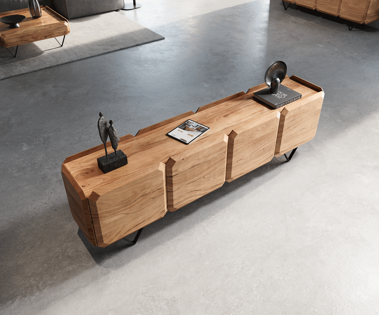 Lowboard Kiano 200 cm Acacia Natuur 4 Deuren V-voet Zwart Roomdivider 2 Lowboard Kiano 200 cm Acacia Natuur 4 Deuren V-voet Zwart Roomdivider 2