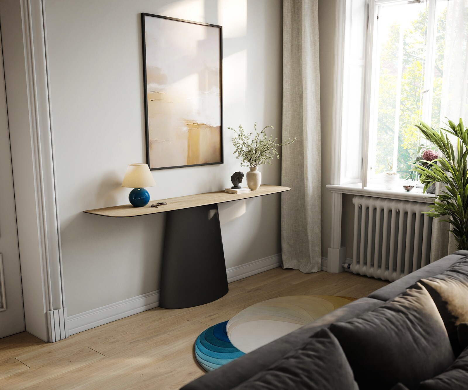 Consoletafel Edge Bootvorm 180x40 cm Keramiek Laminam® Sabbia Eichefarbig Conos Metaal Zwart 7