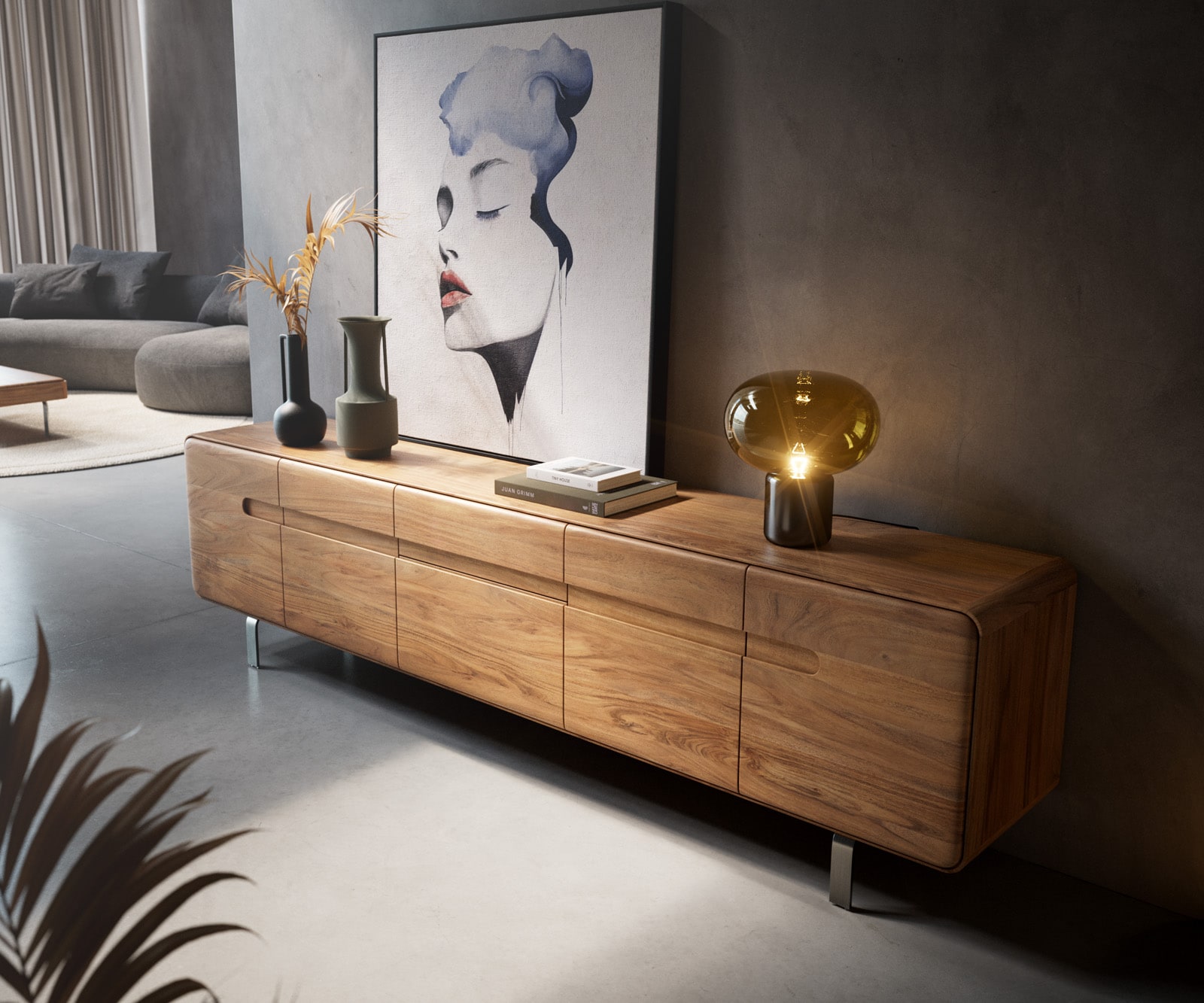 Tv-meubel Anaya 220 cm natuur acacia 4 deuren 2 laden L-onderstel roestvrij staal 2 Tv-meubel Anaya 220 cm natuur acacia 4 deuren 2 laden L-onderstel roestvrij staal 2