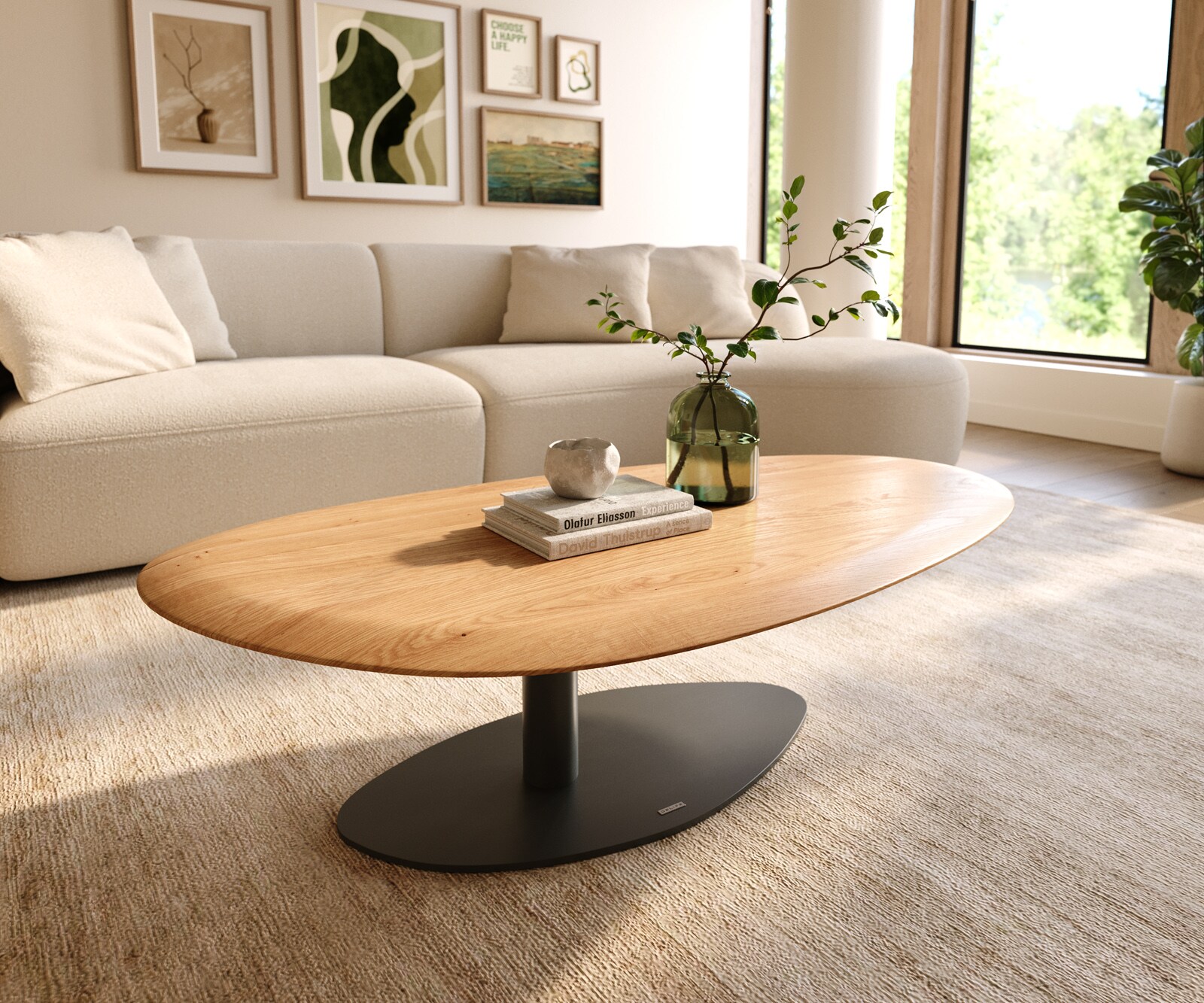 Salontafel Edge Oval 140x75 cm Eiken Naturel ronde rand Vibany zwart metaal
