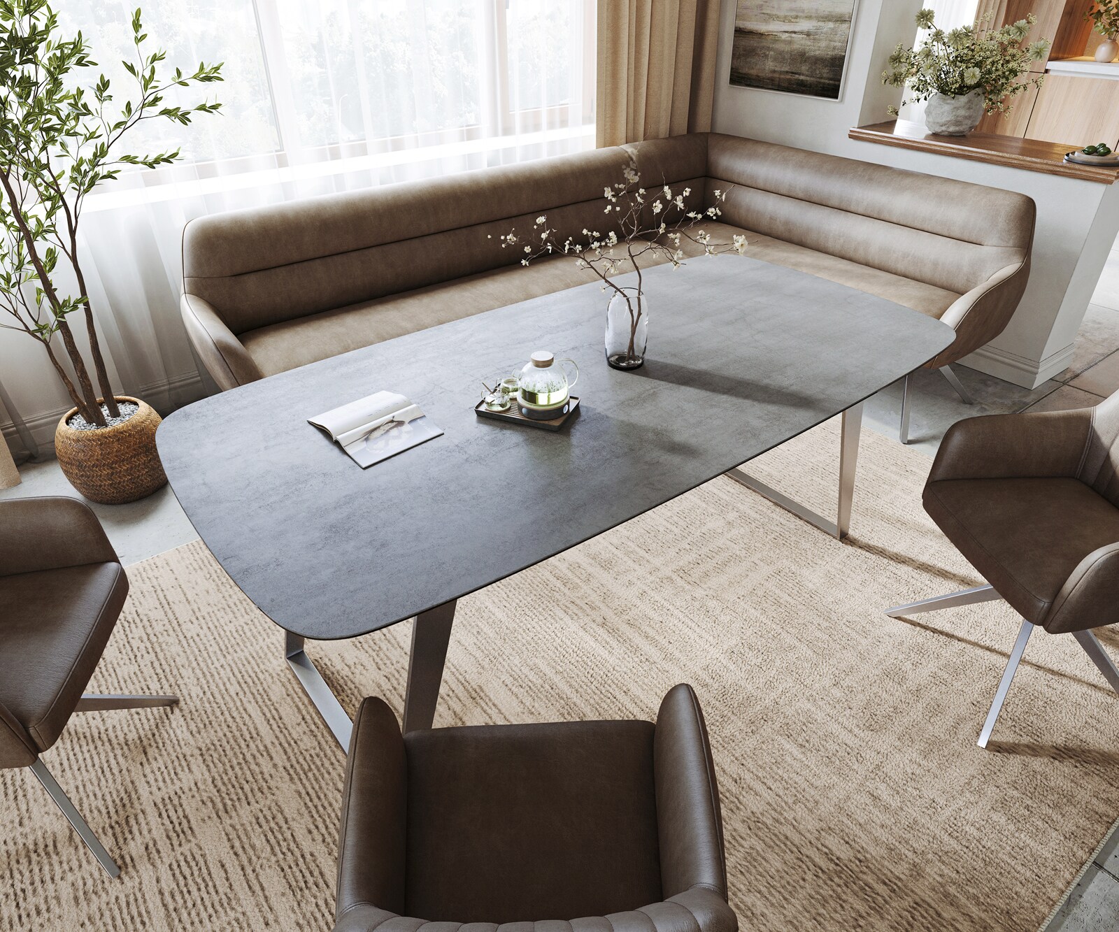 Eettafel Edge boot 200x100 cm keramiek beton grijs roestvrij staal schuin 3
