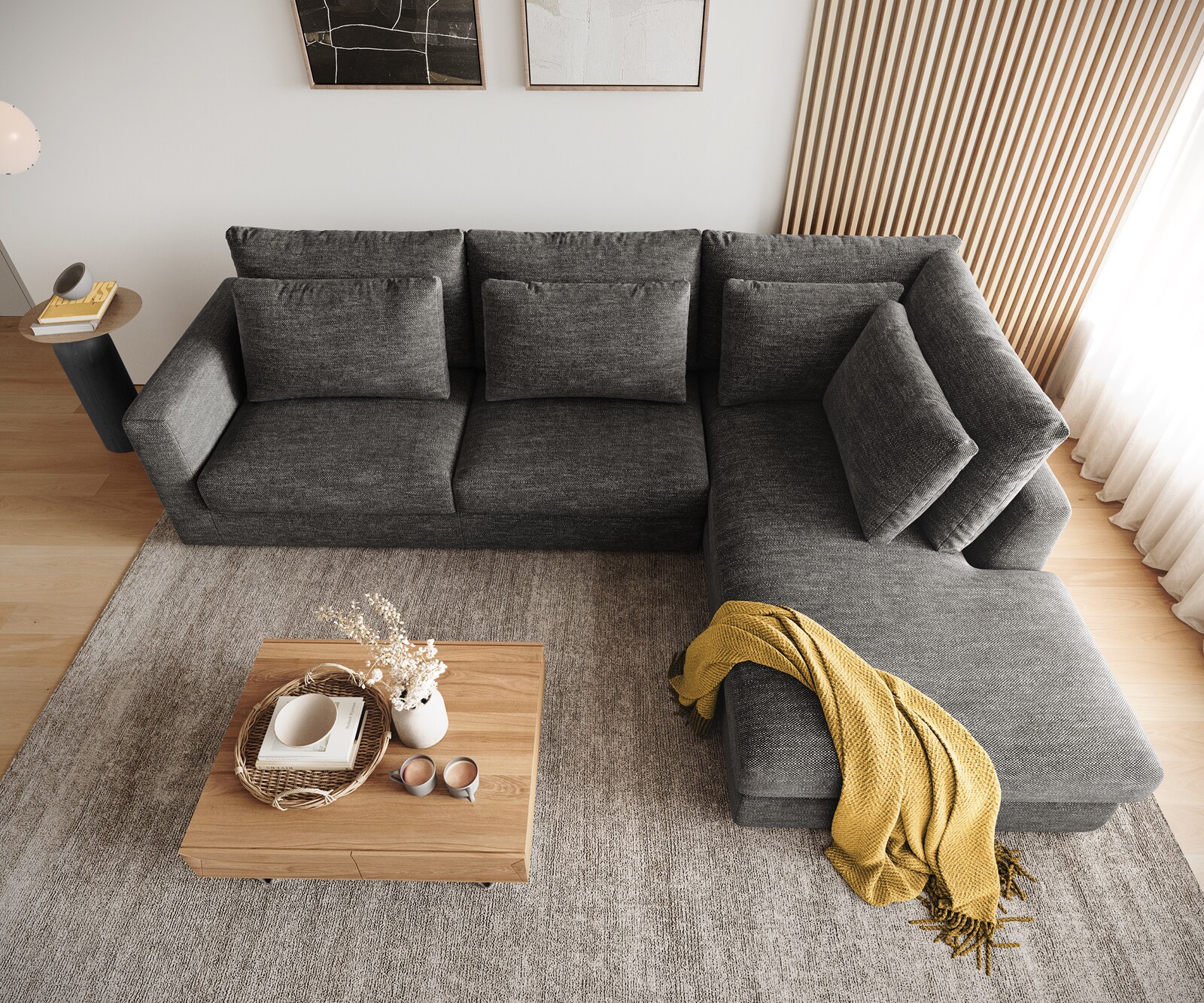 Hoekbank Isla 330x225 cm Chenille antraciet voetenbank rechts 3