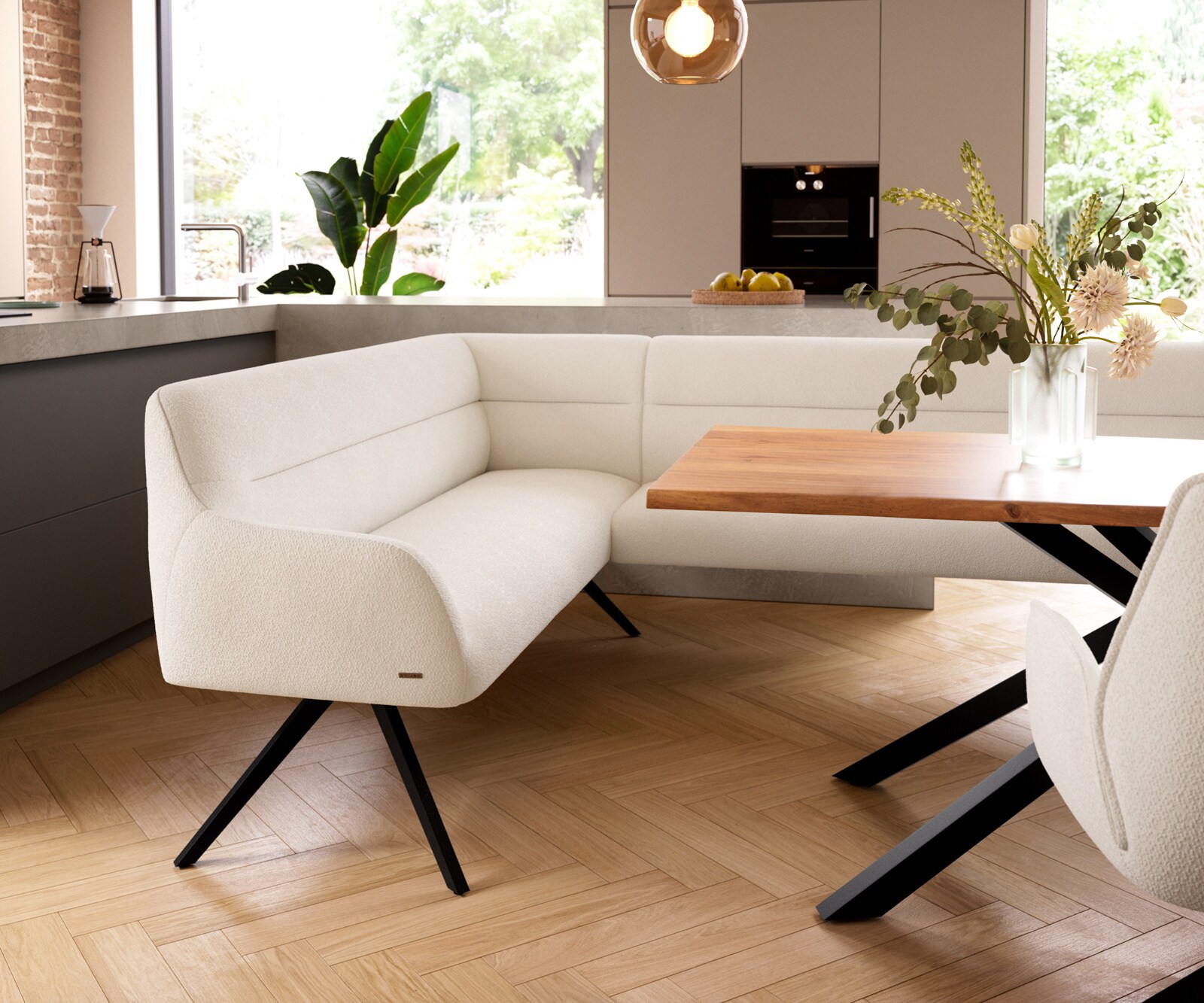 Eetkamerbank Taya-Flex 285x190 cm bouclé crème-wit hoekig kruisframe zwart pocketvering rechts 5