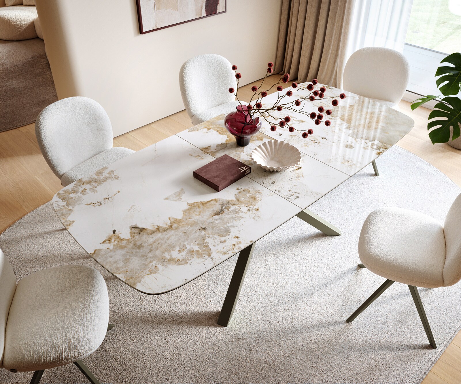 Eettafel Edge Boot 180-220x100 cm Keramiek Minas Melange Wit-Beige kruisonderstel Rechthoek Effectafwerking Titan uitschuifbaar 4