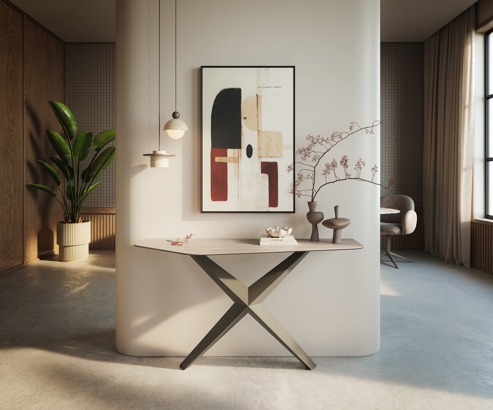 Consoletafel Edge Polygonaal 140x50 cm Keramiek Laminam® Travertino Bianco Creme-Weiß Zentharo Metaal Effektfinish Titan 1