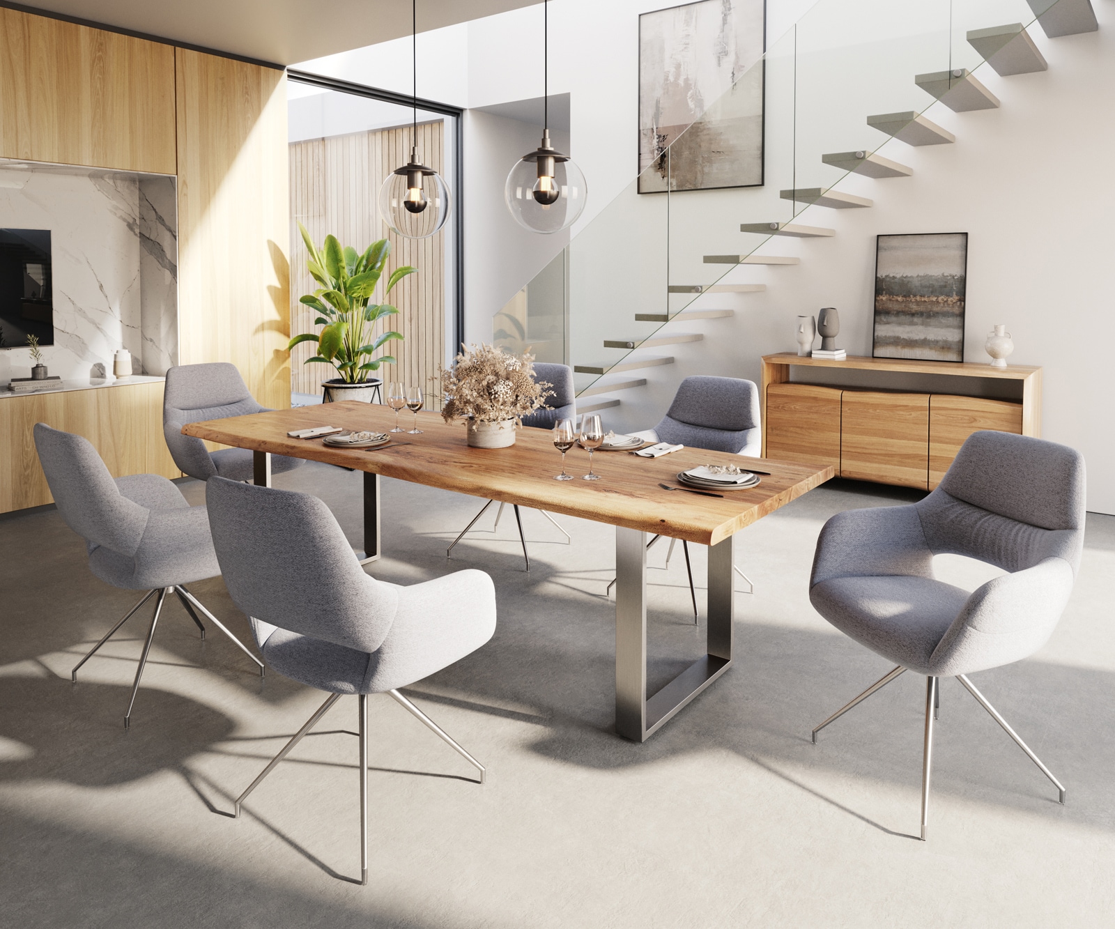 Eetkamerstoel Yago-Flex met armleuning structuurstof lichtgrijs kruisframe conisch roestvrij staal pocketveer kern 3 Eetkamerstoel Yago-Flex met armleuning structuurstof lichtgrijs kruisframe conisch roestvrij staal pocketveer kern 3