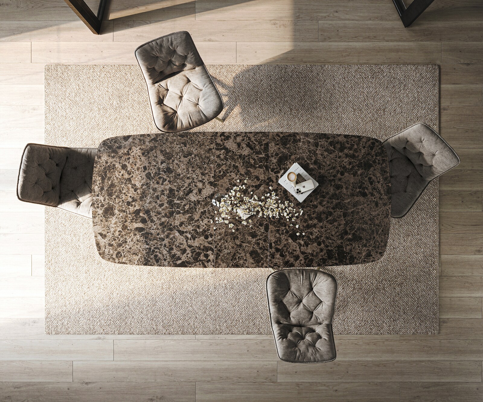 Eettafel Edge Boot 180-220x100 cm Keramiek Emperador Extra Lucidato Donkerbruin Kruisonderstel rechthoekig effectafwerking Titanium uitschuifbaar 6
