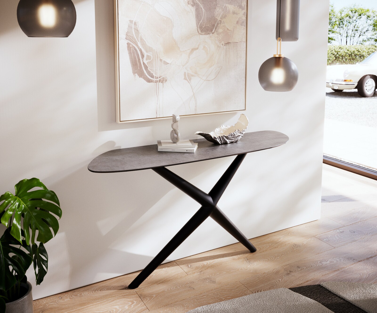 Consoletafel Edge Organisch 140x40 cm Keramiek Beton Grijs Estelo Metaal Zwart 2